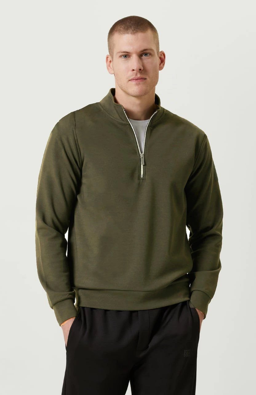 Erkek 3 iplik Pamuklu Uzun Kol Yarım Farmuarlı Yakalı SweatShirt - - Haki