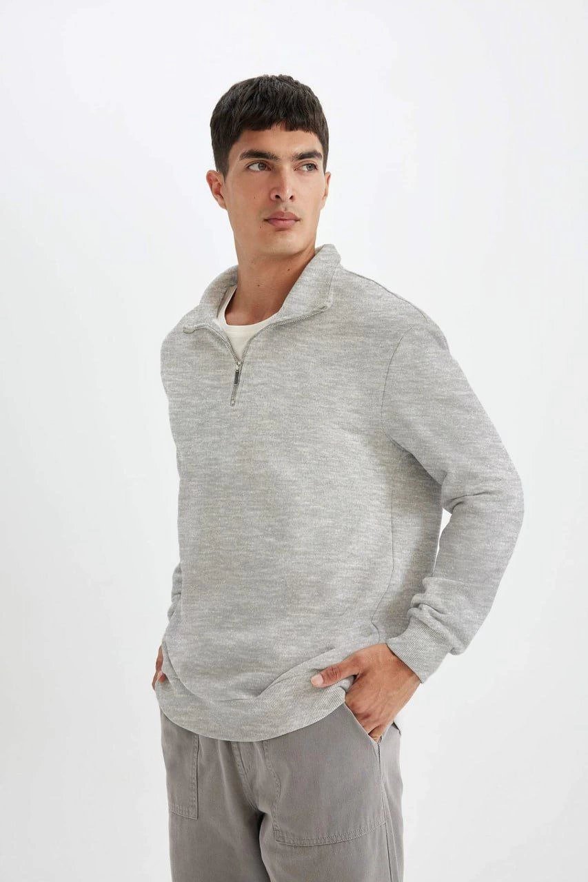 Erkek 3 iplik Pamuklu Uzun Kol Yarım Farmuarlı Yakalı SweatShirt - Gri