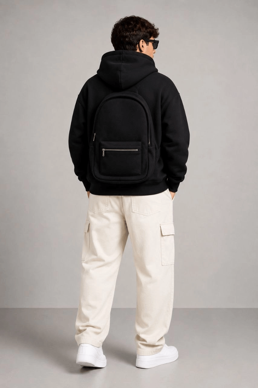 Erkek 3 İplik Şardonlu Tam Fermuarlı Kapüşonlu Arka Çanta Detaylı Sweatshirt - Siyah