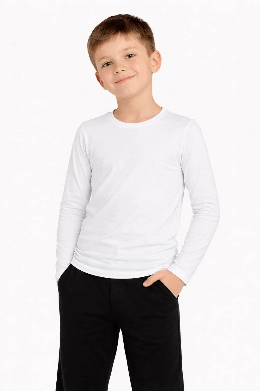 Erkek Çocuk Basic Uzun Kollu Tişört Okul Günlük Rahat T-Shirt - Beyaz