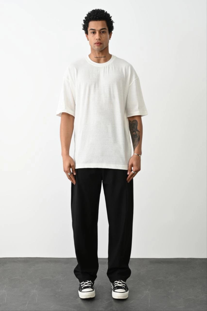 Erkek Düz Basic Bisiklet Yaka Kısa kol  T-Shirt - Beyaz