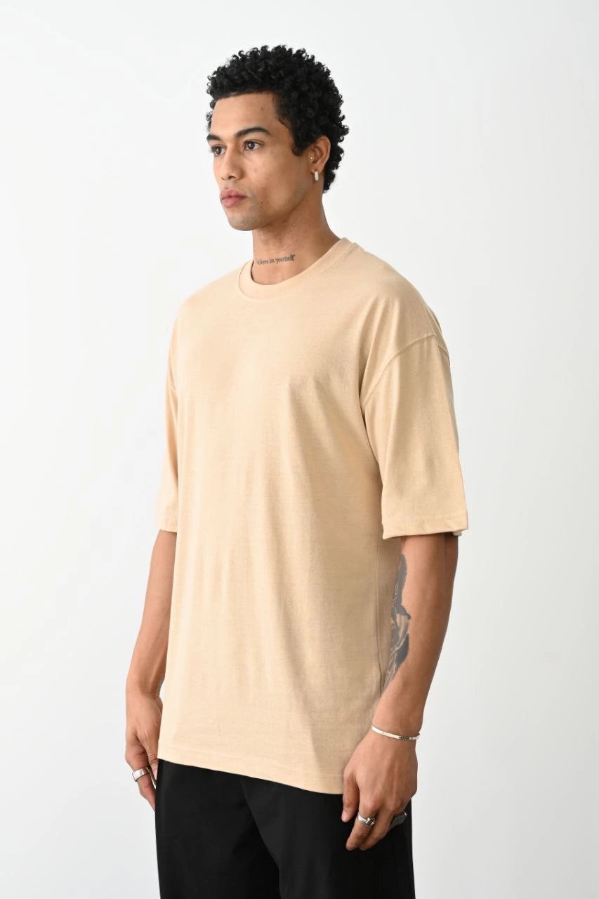 Erkek Düz Basic Bisiklet Yaka Kısa kol T-Shirt - Bej