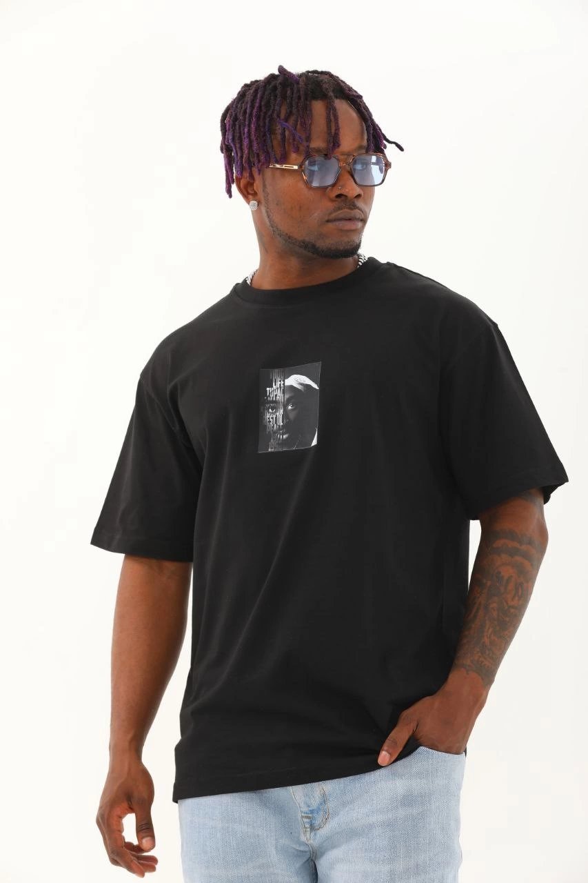Erkek Kısa Kol Oversize Baskılı Bisiklet Yaka T-Shirt - Siyah