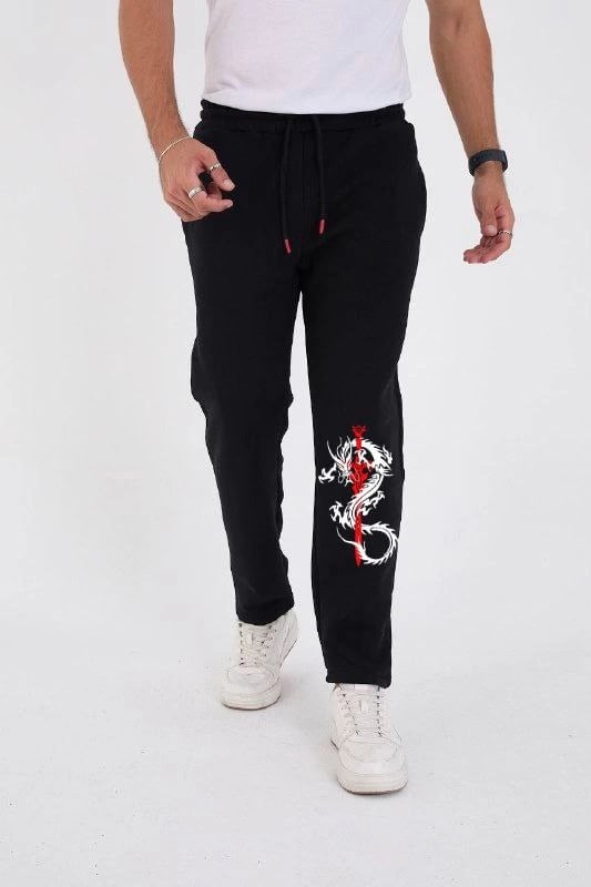 Erkek Kışlık Üç İplik Baskılı Eşofman Pantolon - Siyah