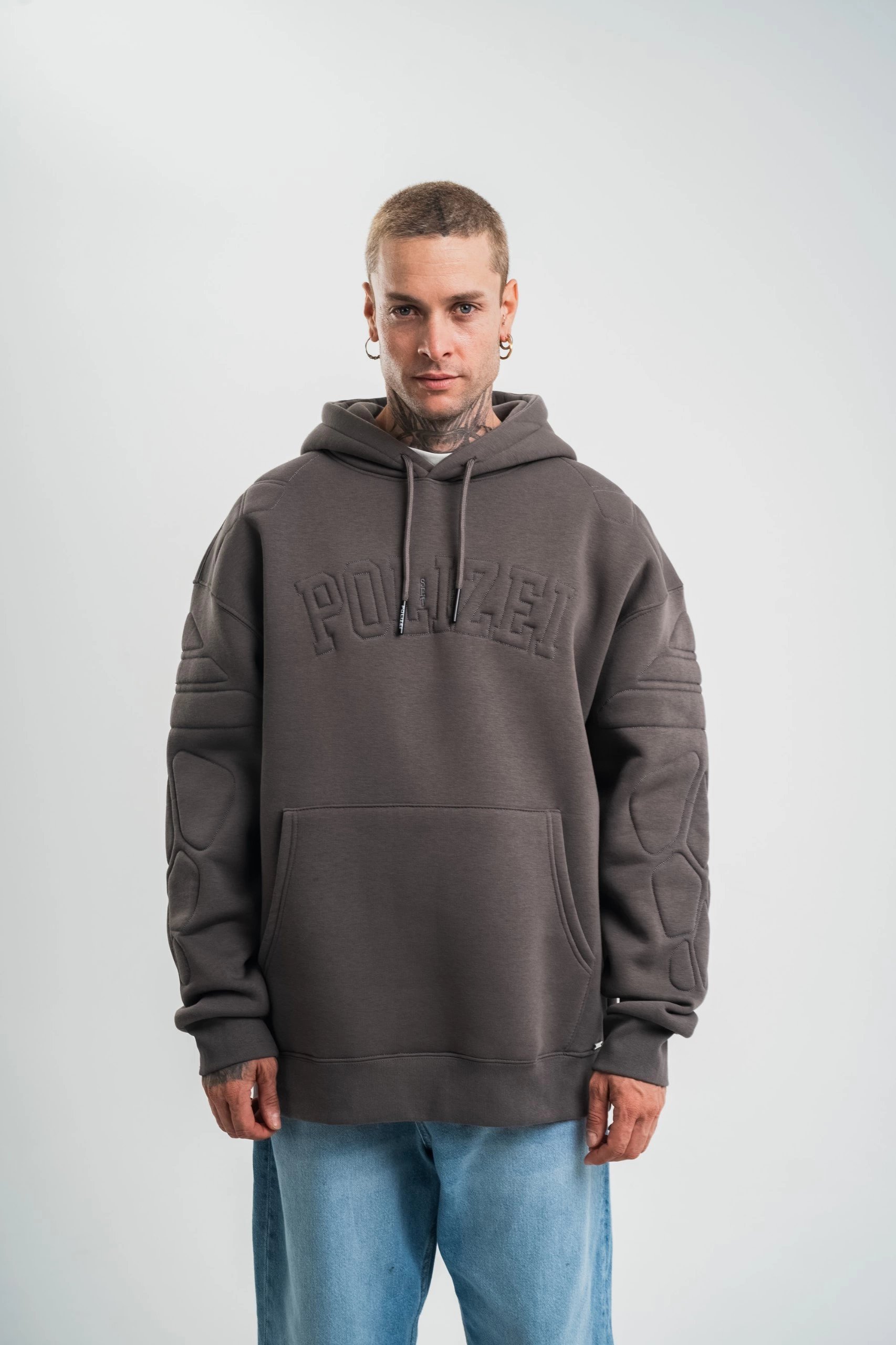 Erkek Nakış İşlemeli Kapşonlu Antrasit Sweatshirt Üç İplik Double Oversize- Füme