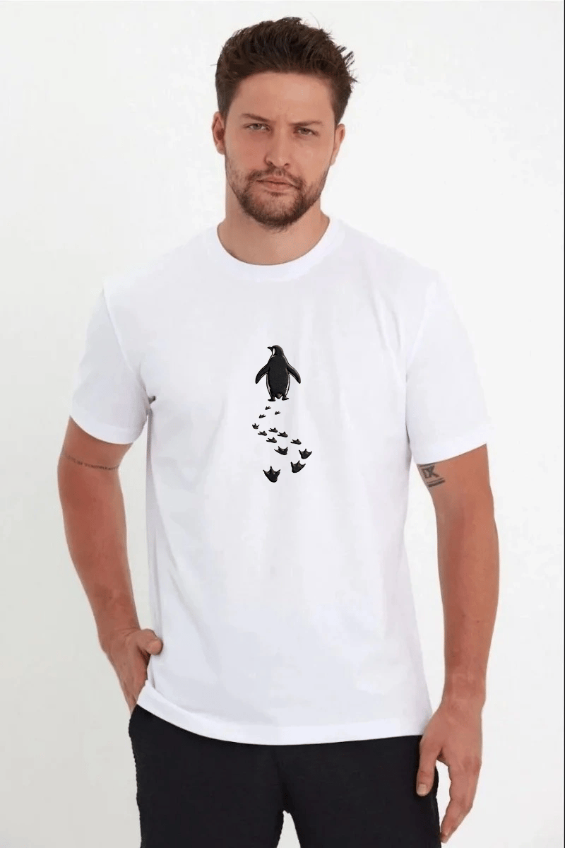 Erkek Nihilist Penguen Temalı Oversize Bisiklet Yaka Tişört - Beyaz