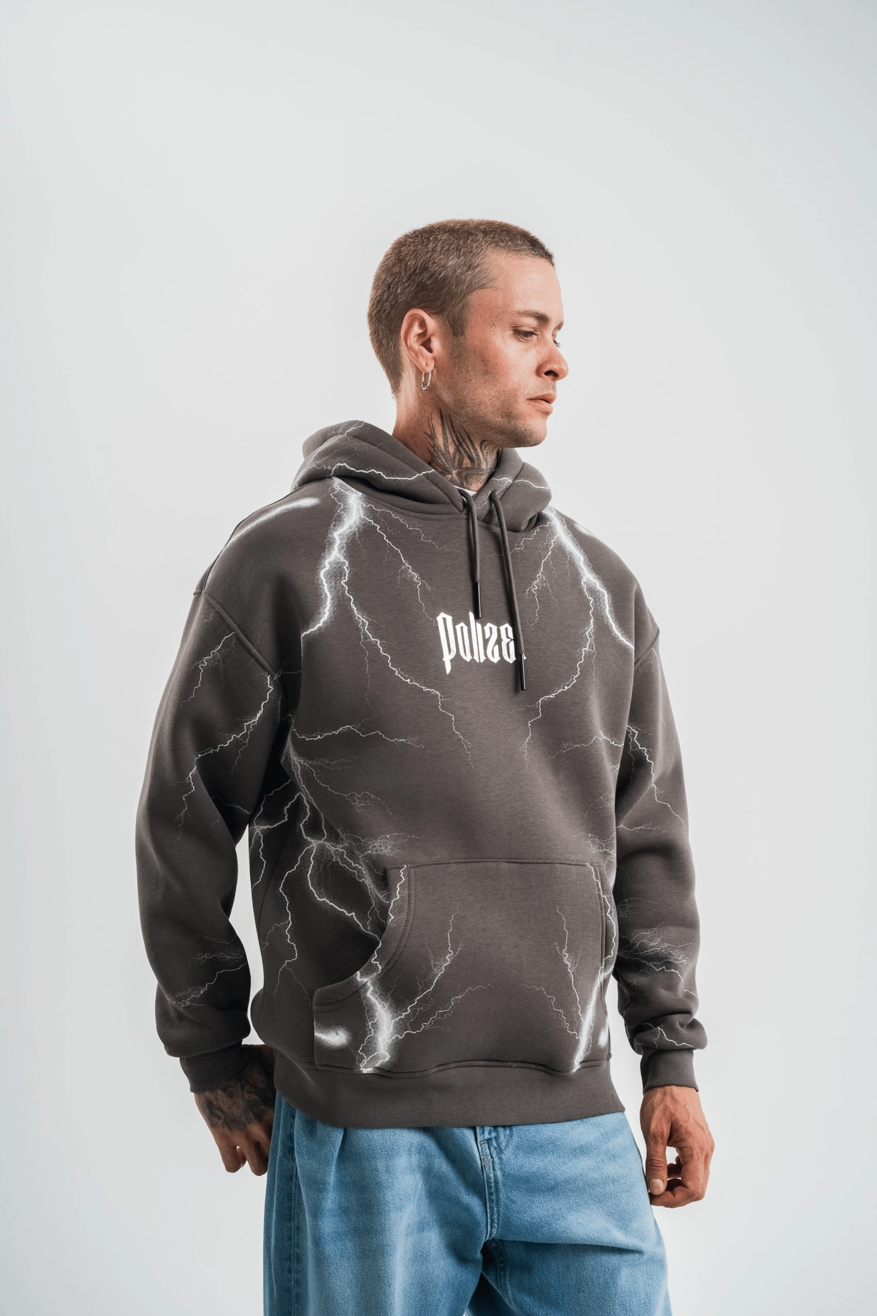 Erkek Şimşek Baskılı Kapşonlu Sweatshirt Üç İplik Pamuklu Kanguru Cepli Double Oversize Hoodie - Füme