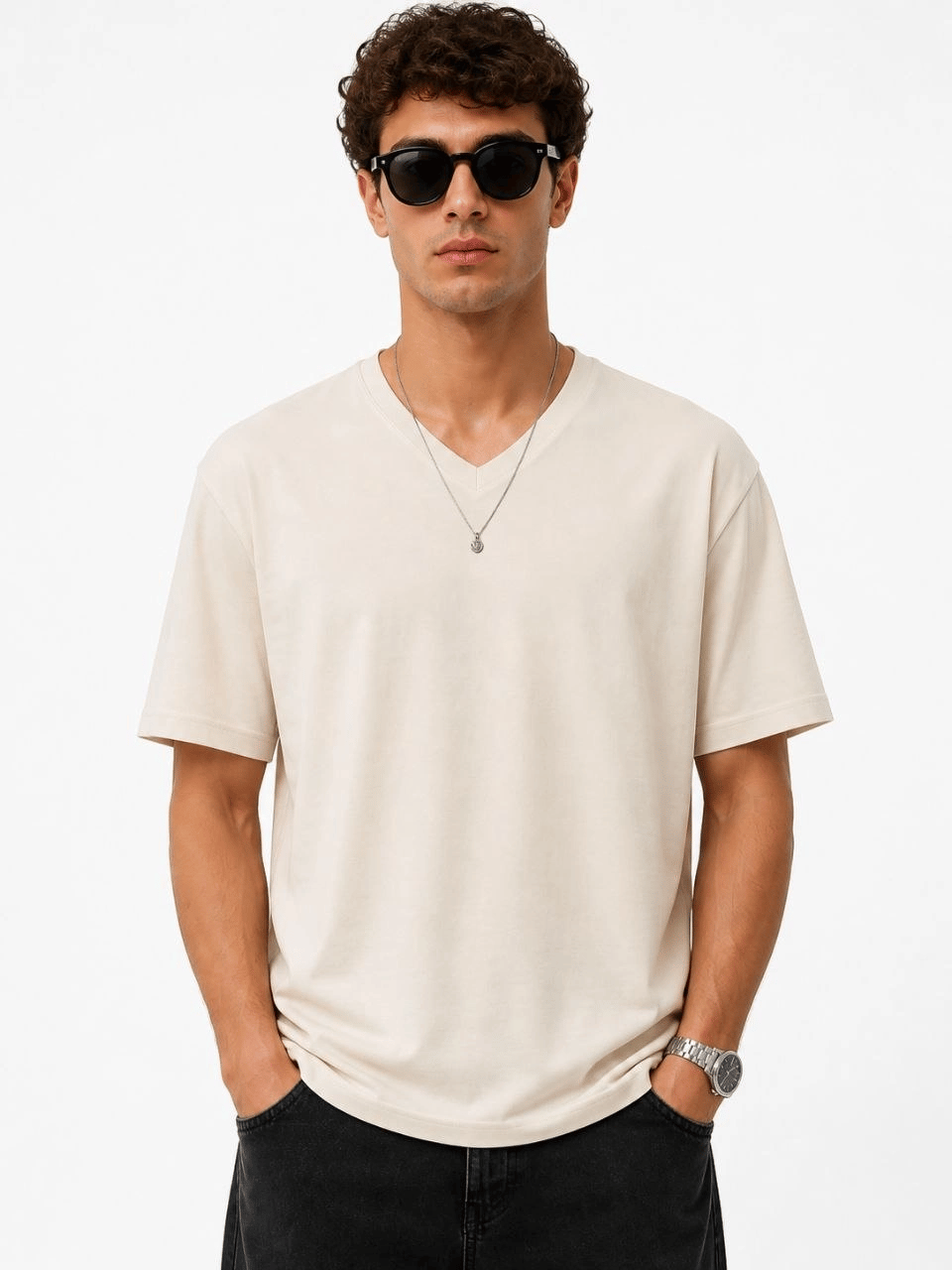 Erkek V Yaka Basic Tişört Kısa Kol Yazlık Regular Fit T-Shirt - Bej
