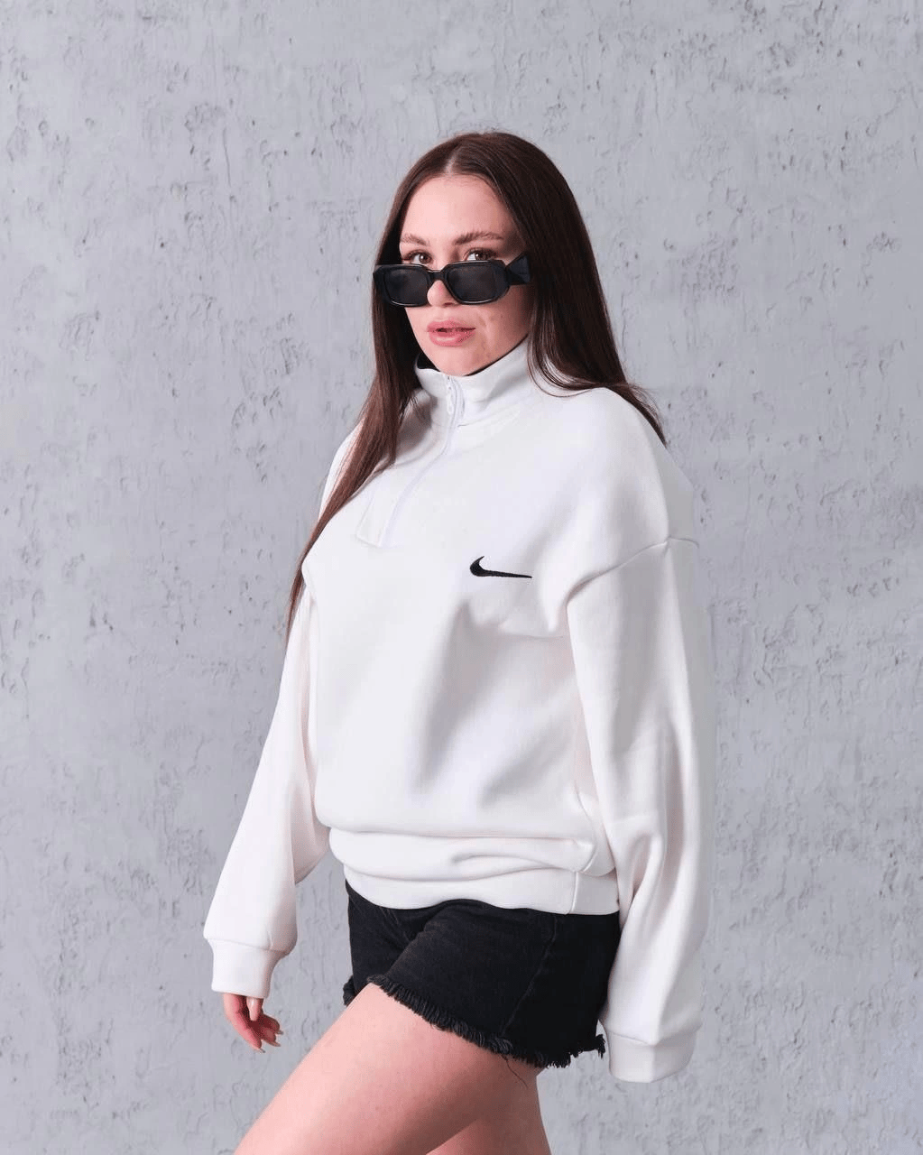 Kadın Yarım Fermuarlı Üç iplik Şardonlu Pamuklu Sweatshirt - Beyaz