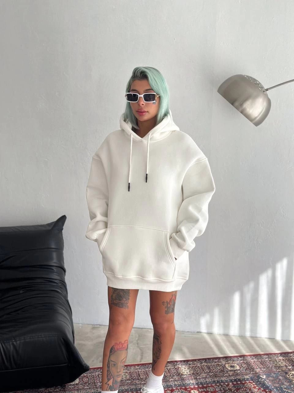 Kapüşonlu Üç İplik Penye Basic SweatShirt - Beyaz