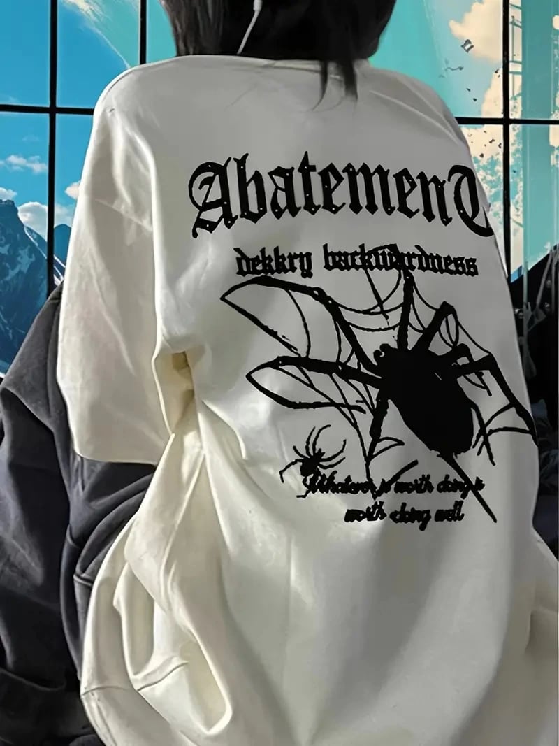 Örümcek Ağı Desenli Baskılı Oversize Bisiklet Yaka T-shirt  - Beyaz