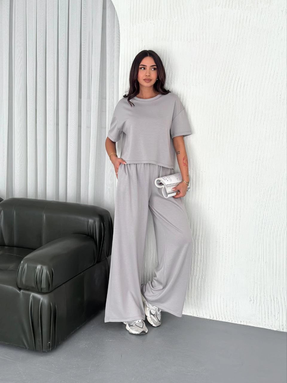 Osy Modal Yumuşak Dokulu Kumaş Bisiklet Yaka T-shirt Bol paça Pantalon ikili Takım - Boyalı Gri