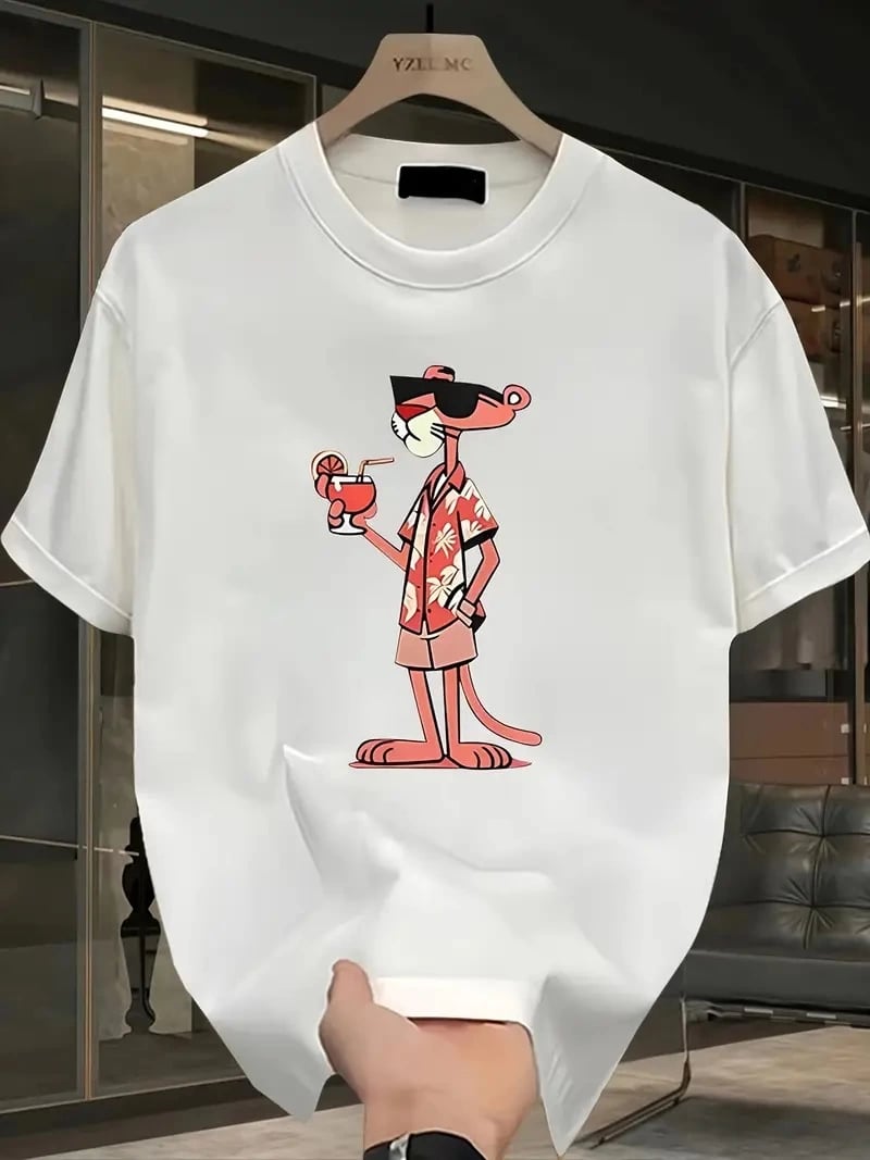Pembe Panter Baskılı Erkek Oversize Günlük Kısa Kollu Tişört İlkbahar ve Yaz için Mükemmeldir - Beyaz