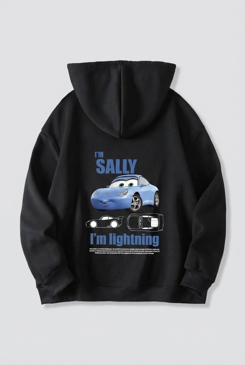 Sevgililer Günü Özel Kapüşonlu Araba Baskılı Oversize Sweatshirt - Siyah