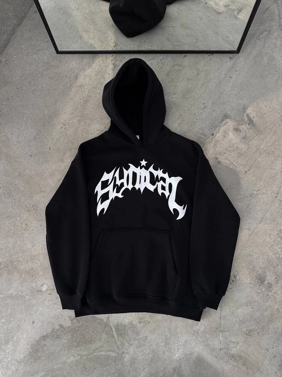 Üç İplik Kapüşonlu Baskılı Oversize SweatShirt- Siyah
