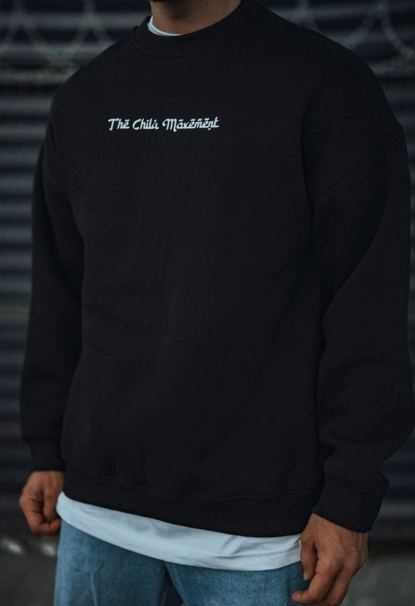 Üç İplik Pamuklu  Bisiklet Yaka Oversize Baskılı SweatShirt - Siyah