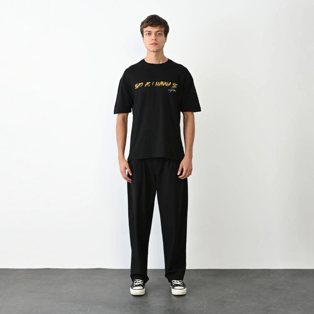 Unisex Bisiklet Yaka Baskılı Oversize T-Shirt - Siyah