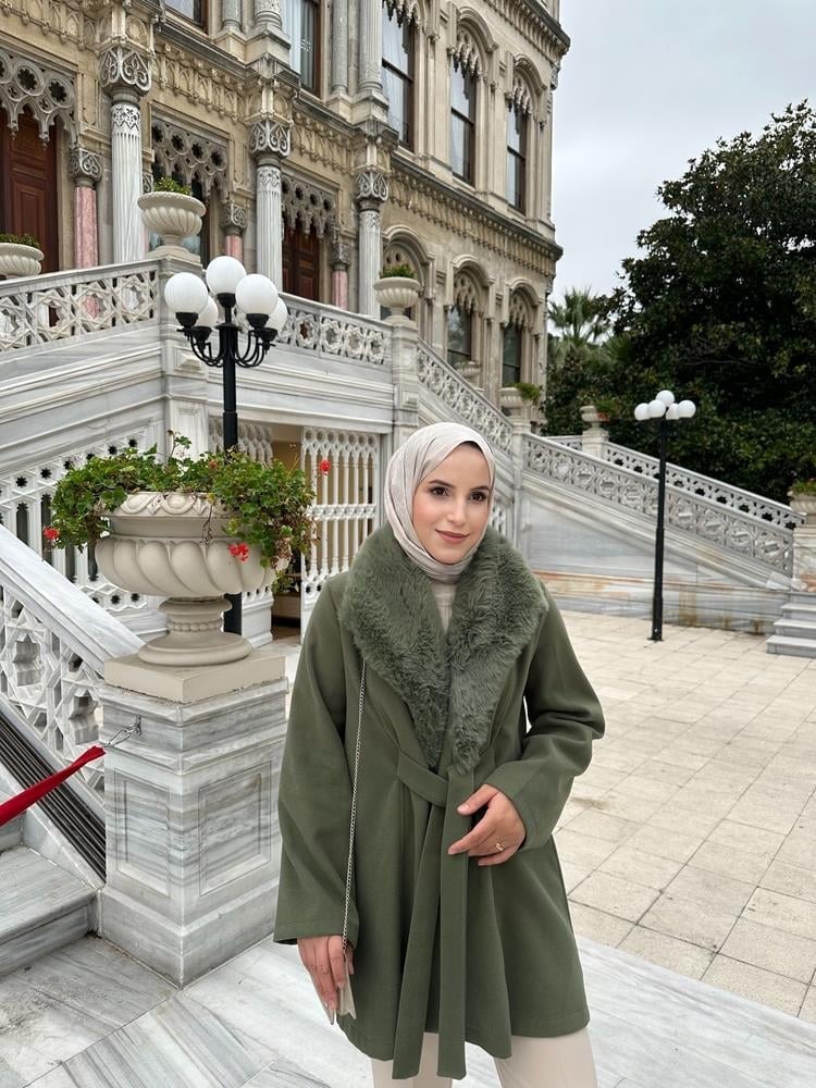 Kürk Yaka Kaşe Kap | Yeşil