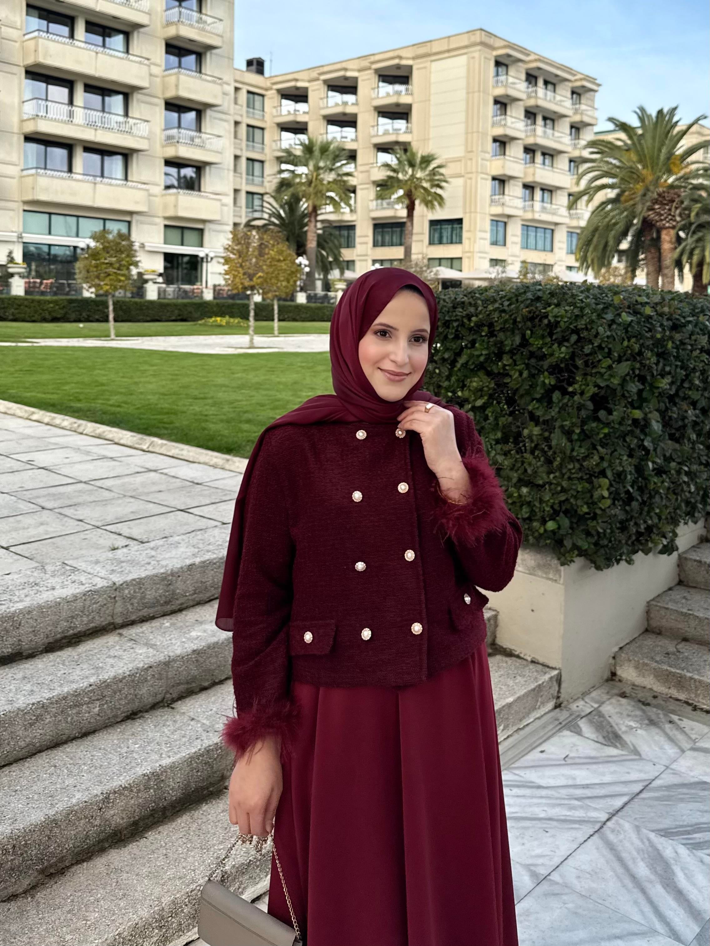 Tüylü tüvit ceket -bordo 