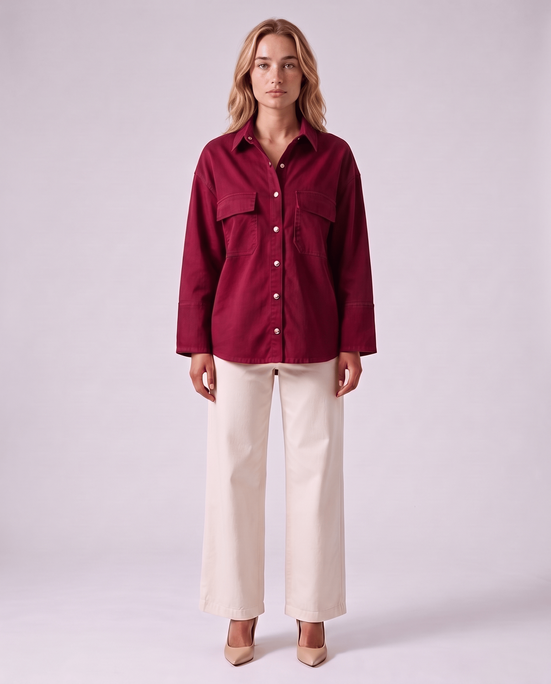 Bold & Young Kadın Bordo Çıtçıtlı Çift Cepli Rahat Kalıp Gömlek