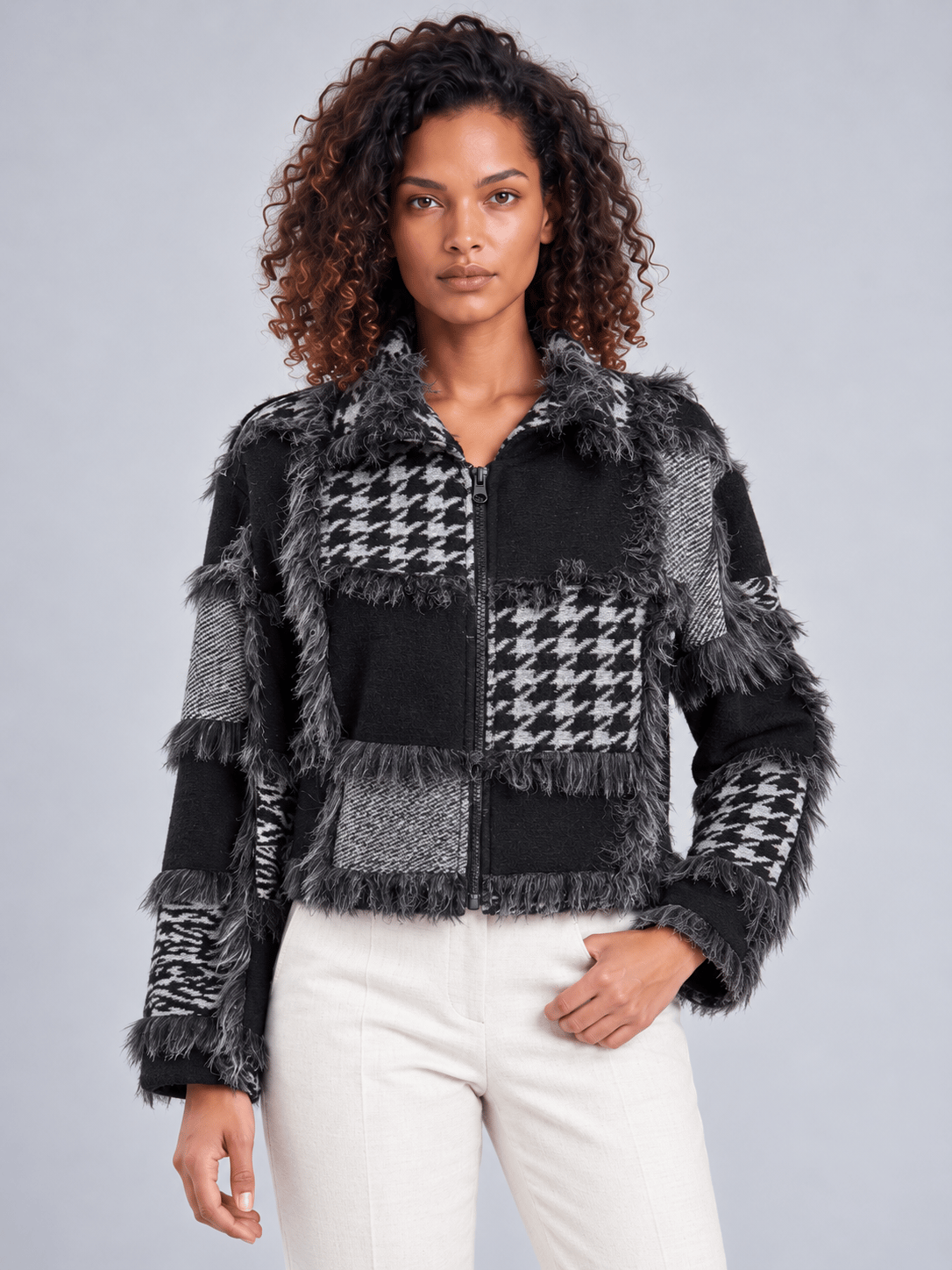 Bold & Young Kadın Siyah Gri Patchwork Desenli Yün Karışımlı Fermuarlı Ceket