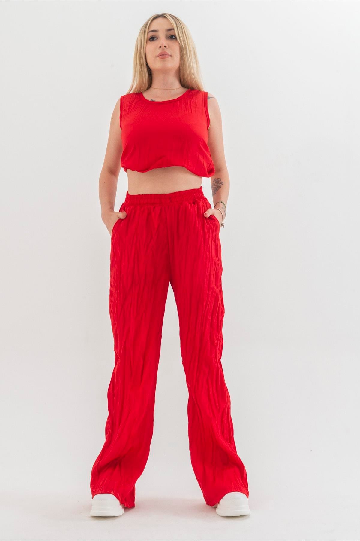 Kraşlı Cepli Beli Lastikli Viskon Polyester Dokuma Pantolon