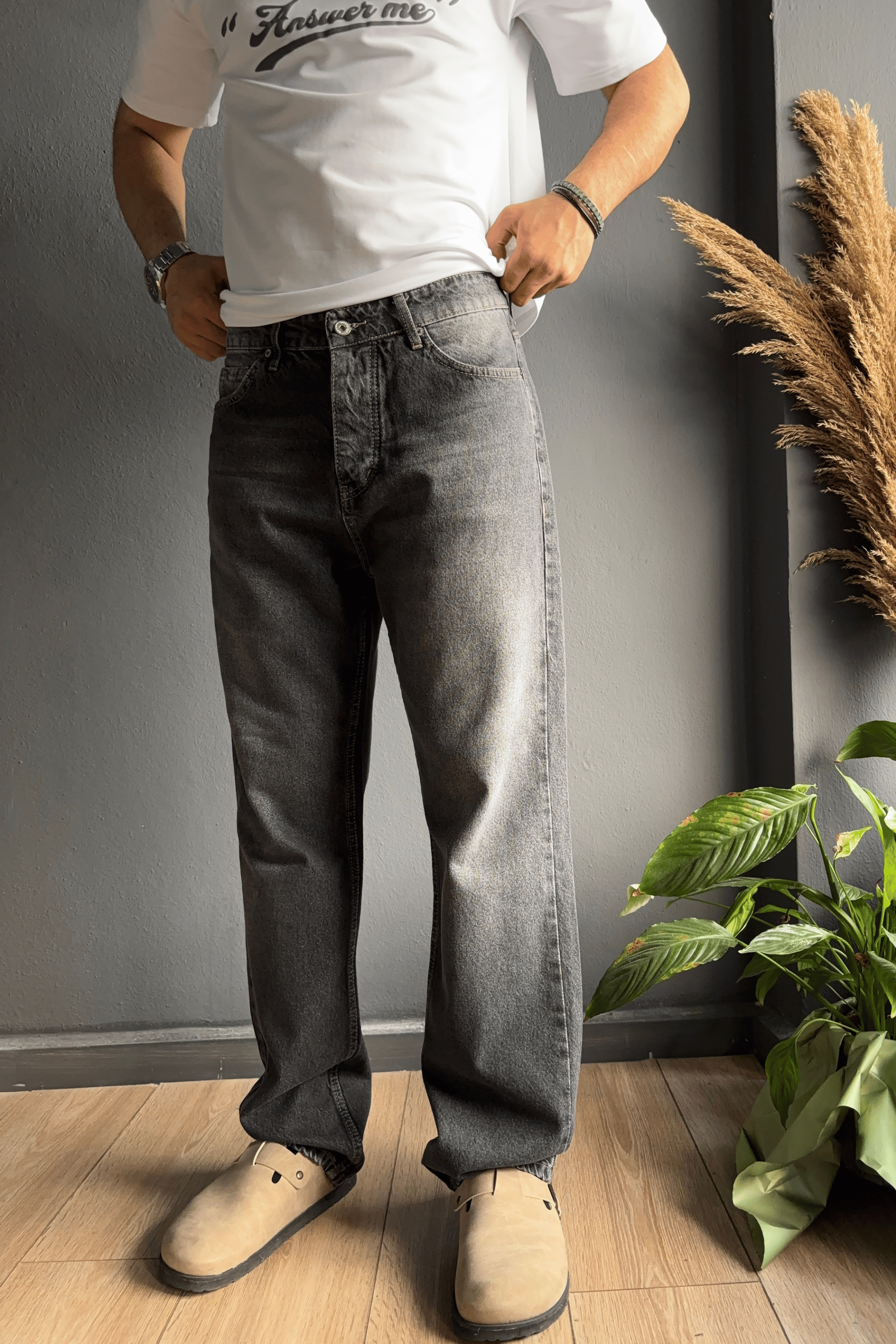 Antrasit Efektli Dikiş Detaylı Baggy Jean Pantolon