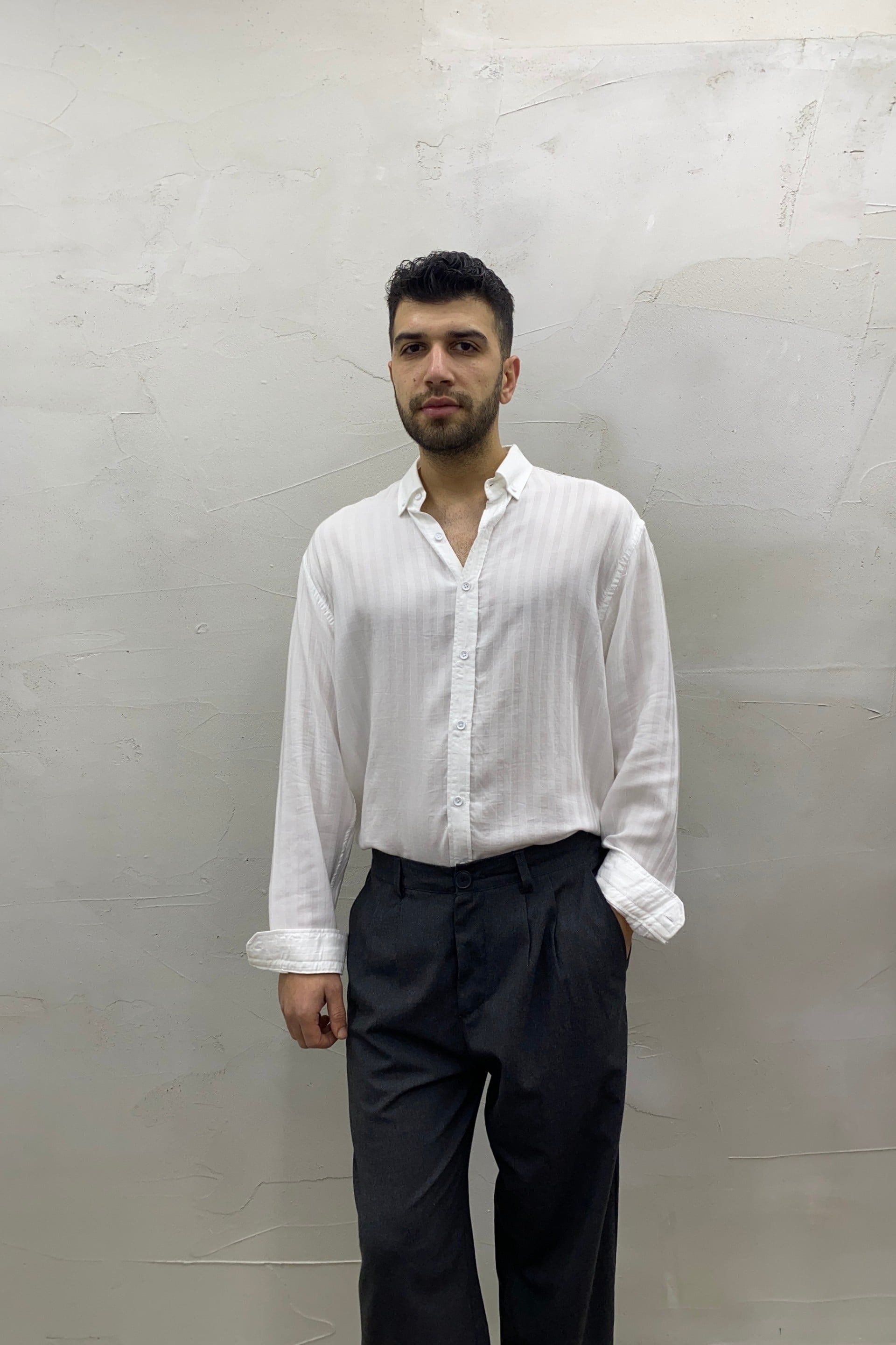 Beyaz Oversize Çizgi Desenli Tensel Gömlek