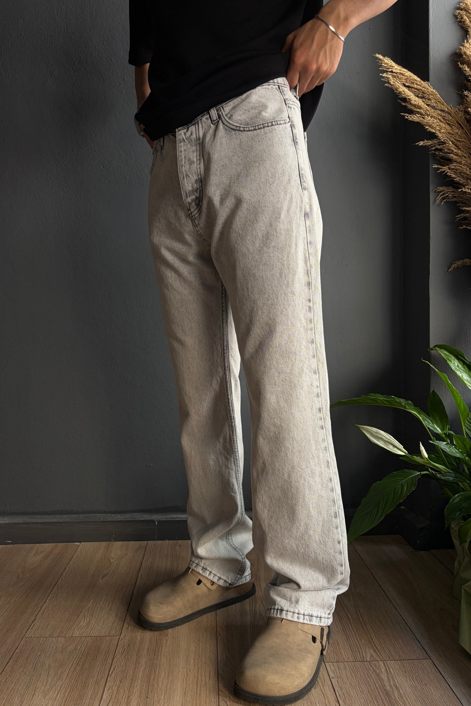 Gri Baggy Jean Pantolon