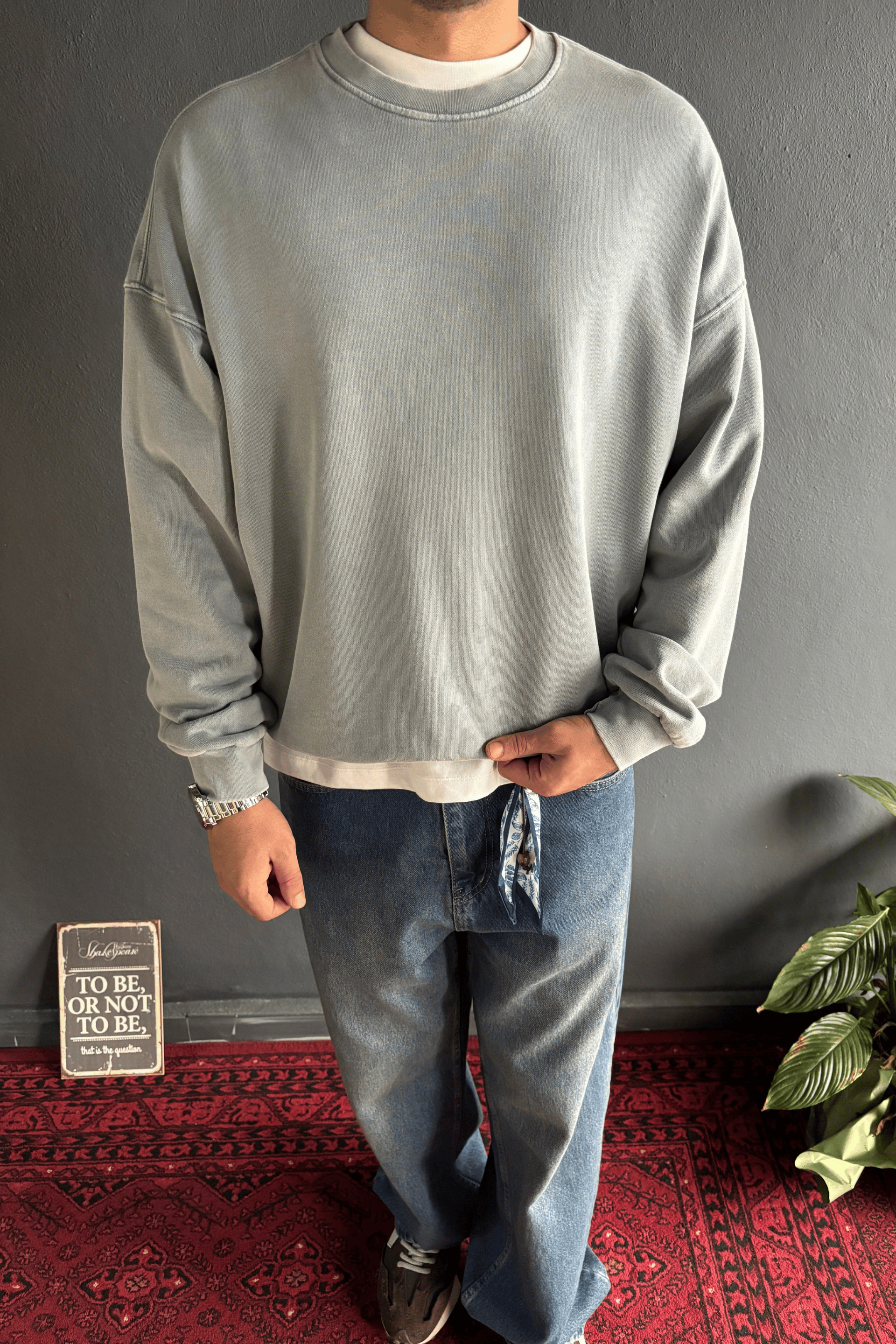 Gri Premium Acid Yıkamalı Basic Oversize Sweatshirt
