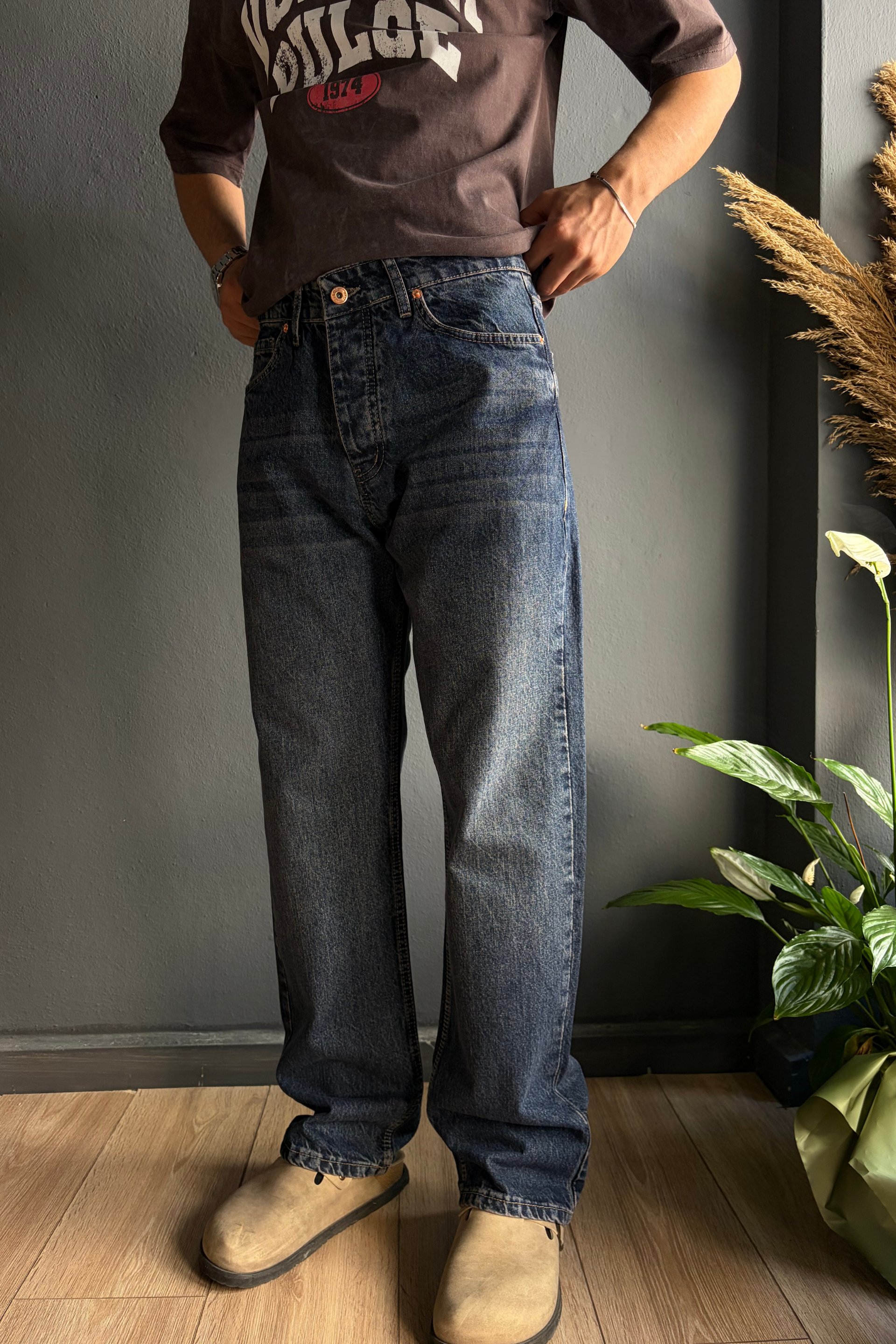 İndigo Eskitme Baggy Jean Pantolon