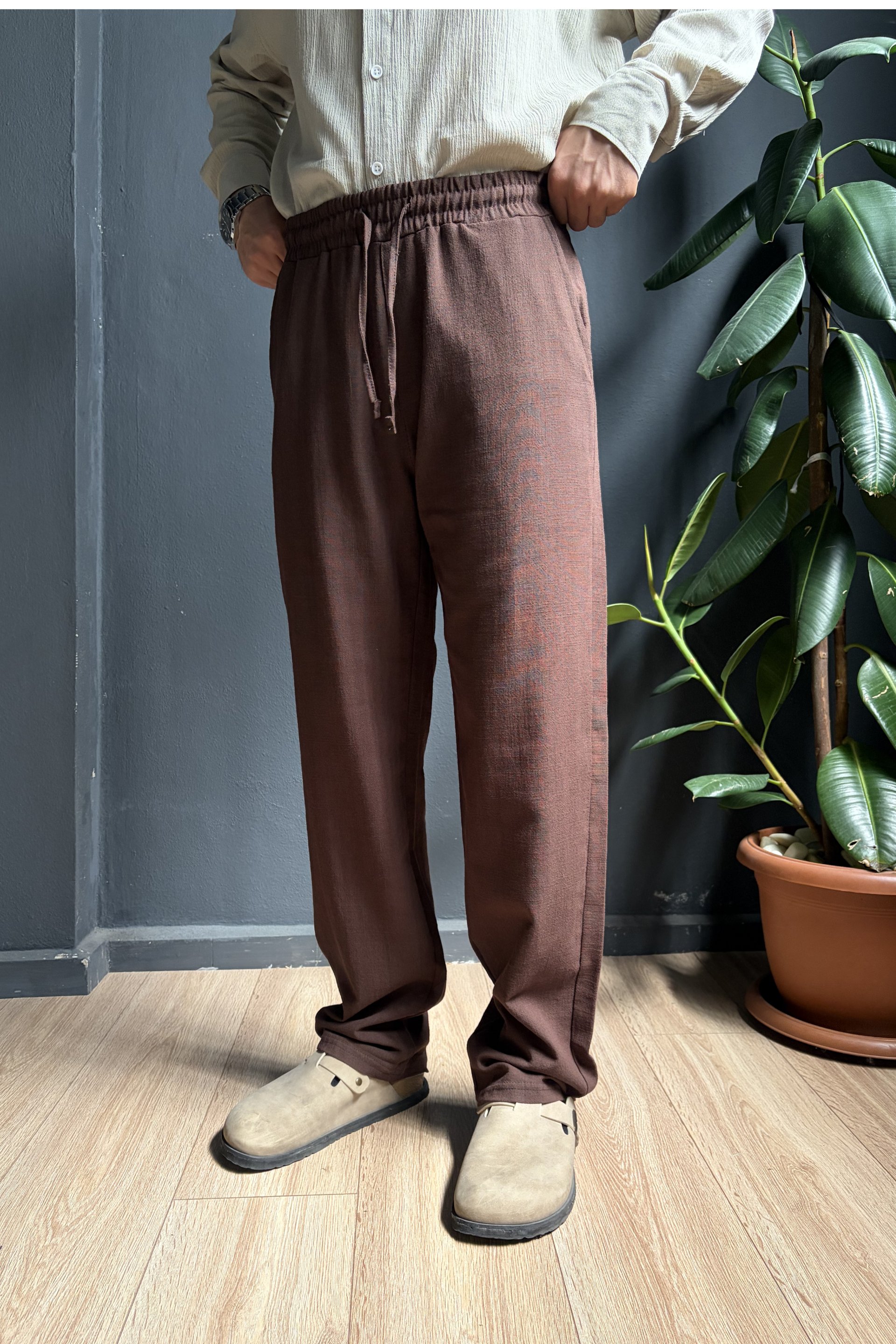 Kahverengi Beli Lastikli Baggy Keten Pantolon