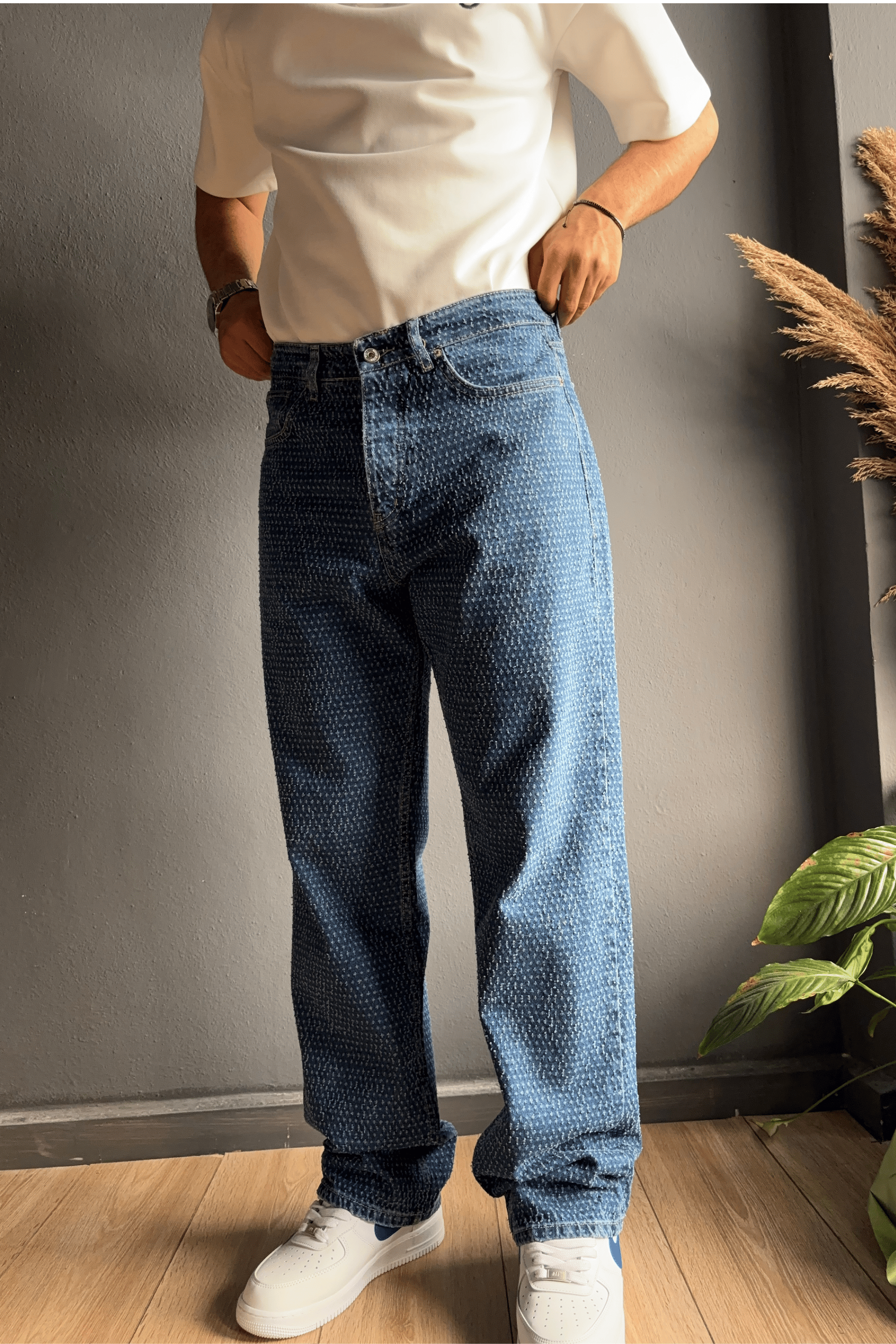 Koyu Mavi Kabartı Dokulu Baggy Jean Pantolon