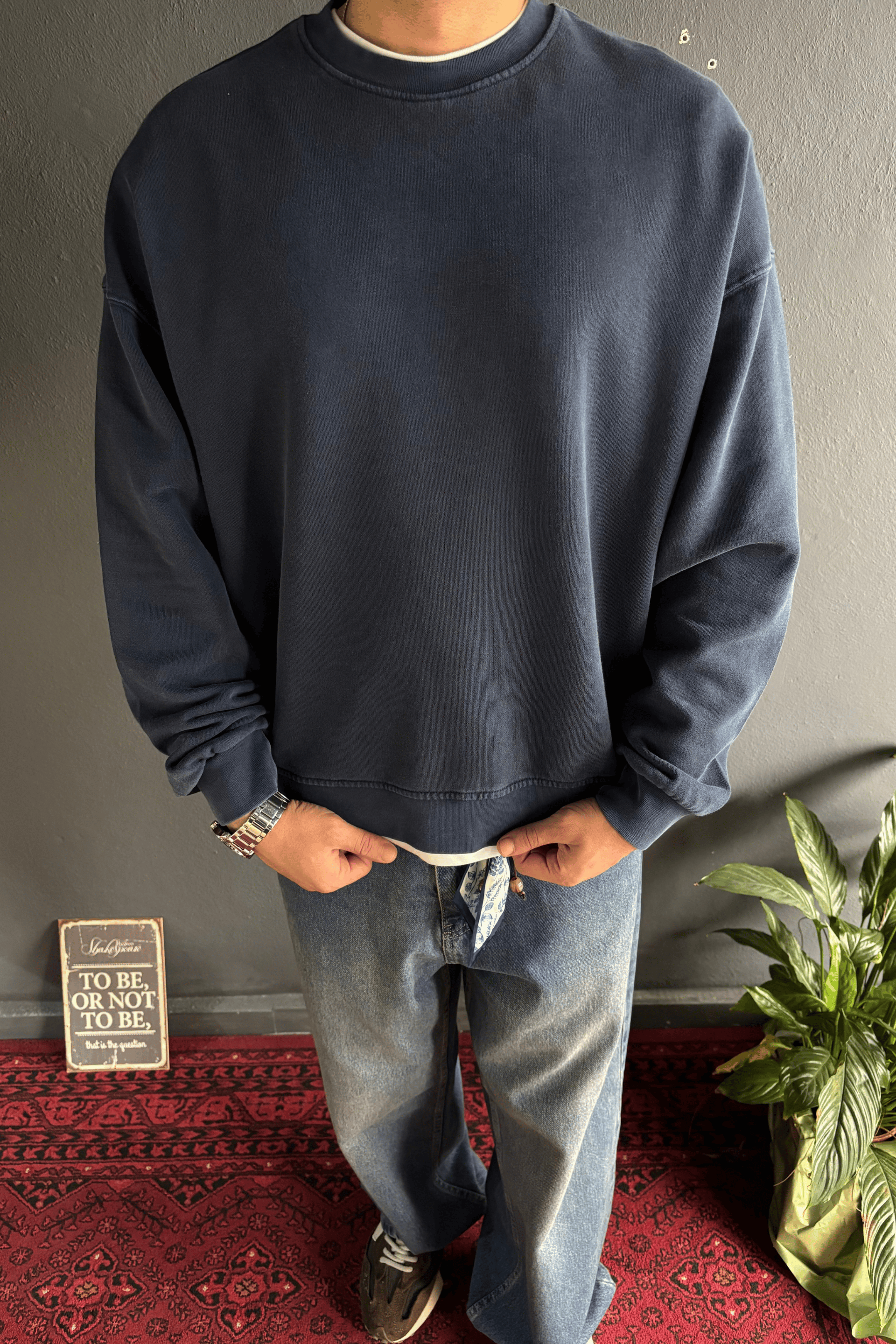 Lacivert Premium Acid Yıkamalı Basic Oversize Sweatshirt