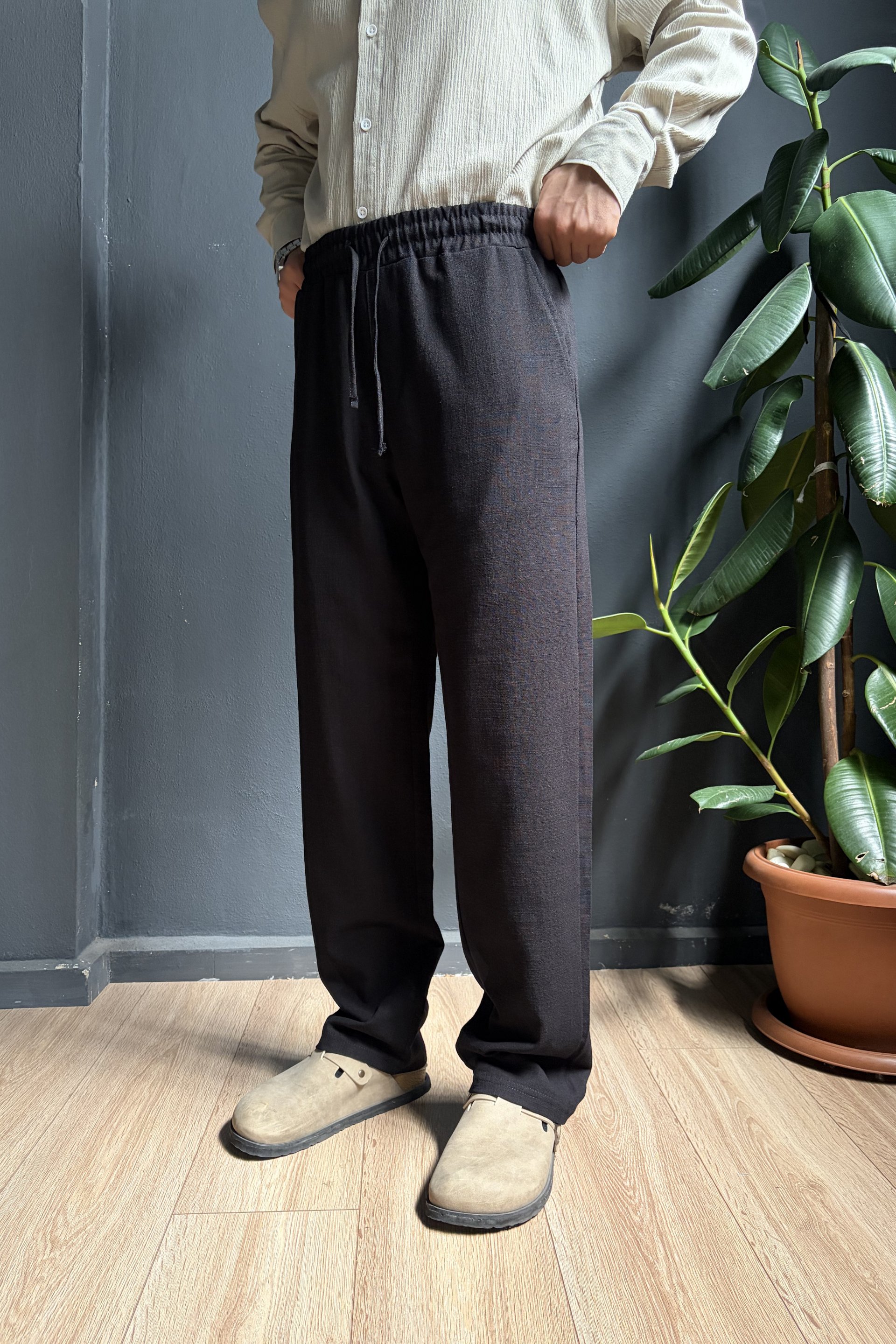 Siyah Beli Lastikli Baggy Keten Pantolon
