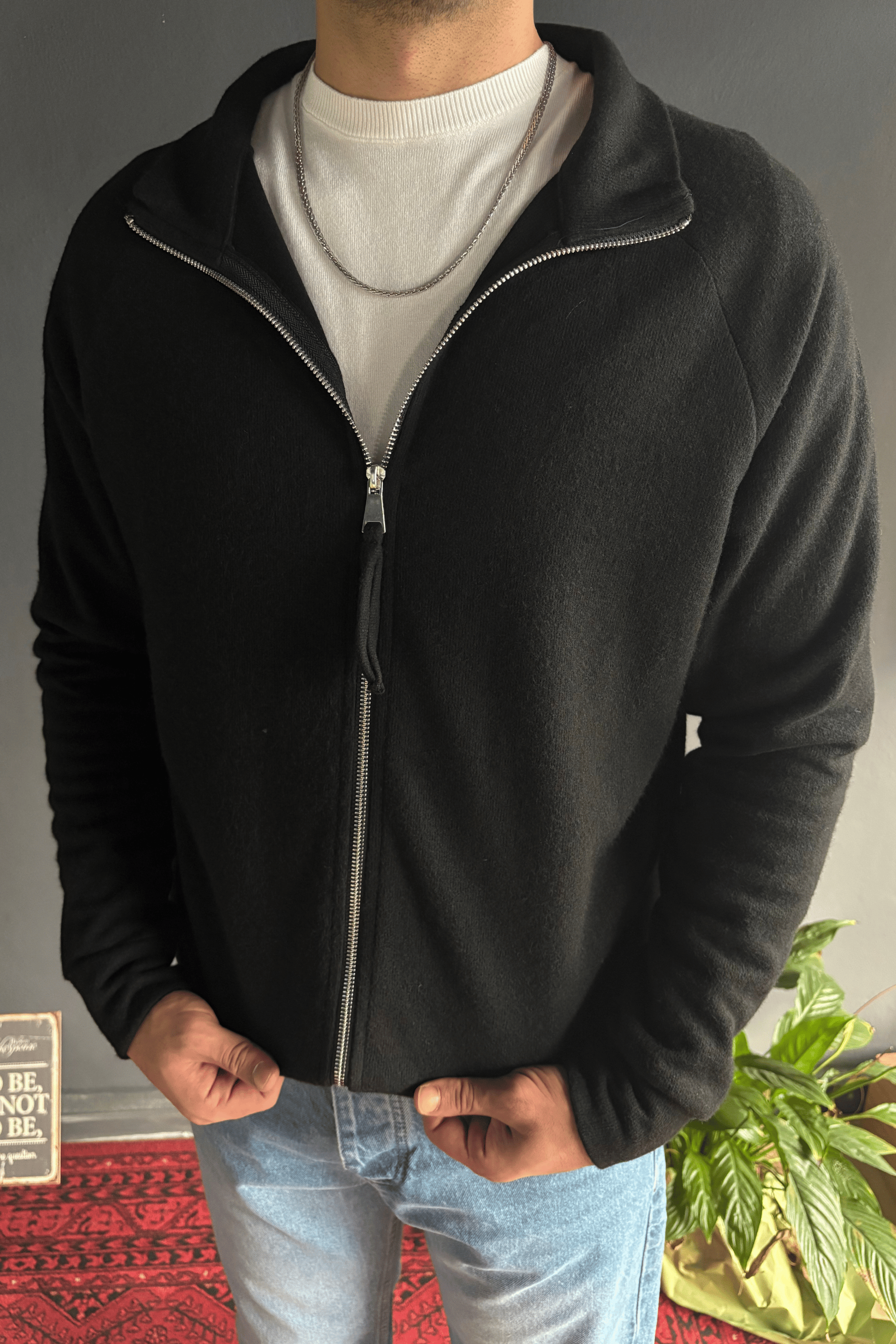 Siyah Çift Fermuarlı Regular Fit Hırka