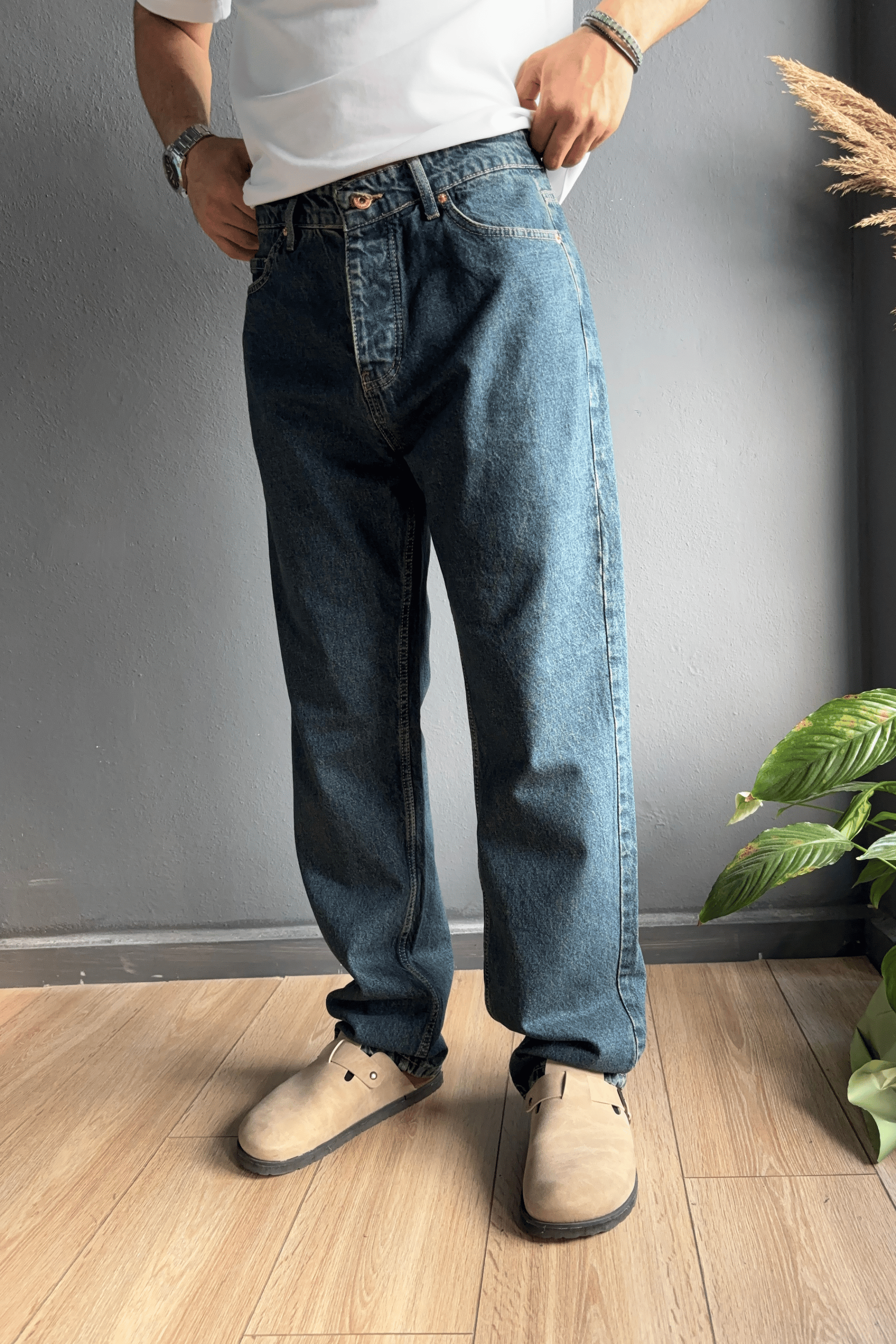Yeşil Efektli Baggy Jean Pantolon