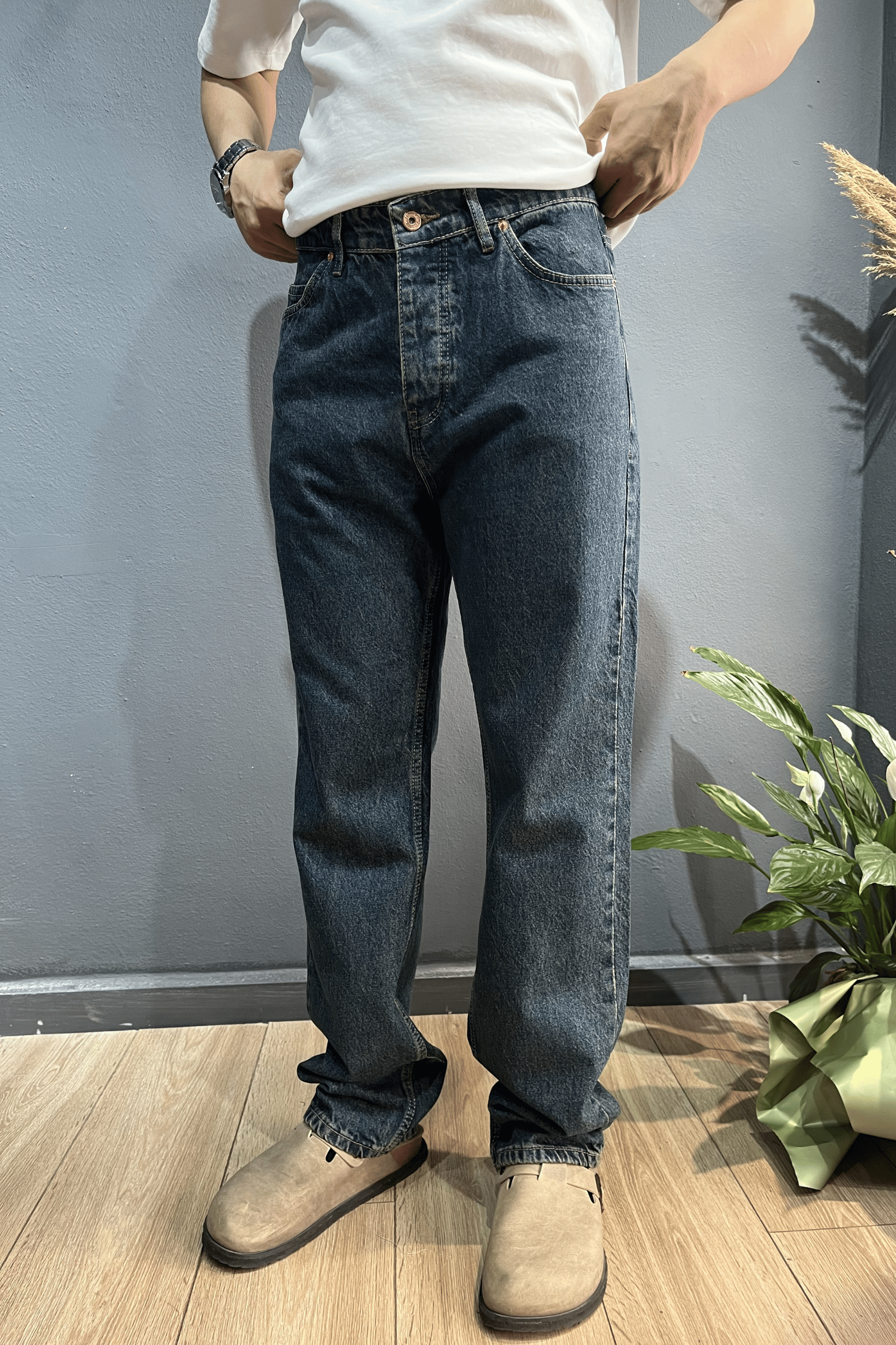 Yeşil Efektli Baggy Jean Pantolon