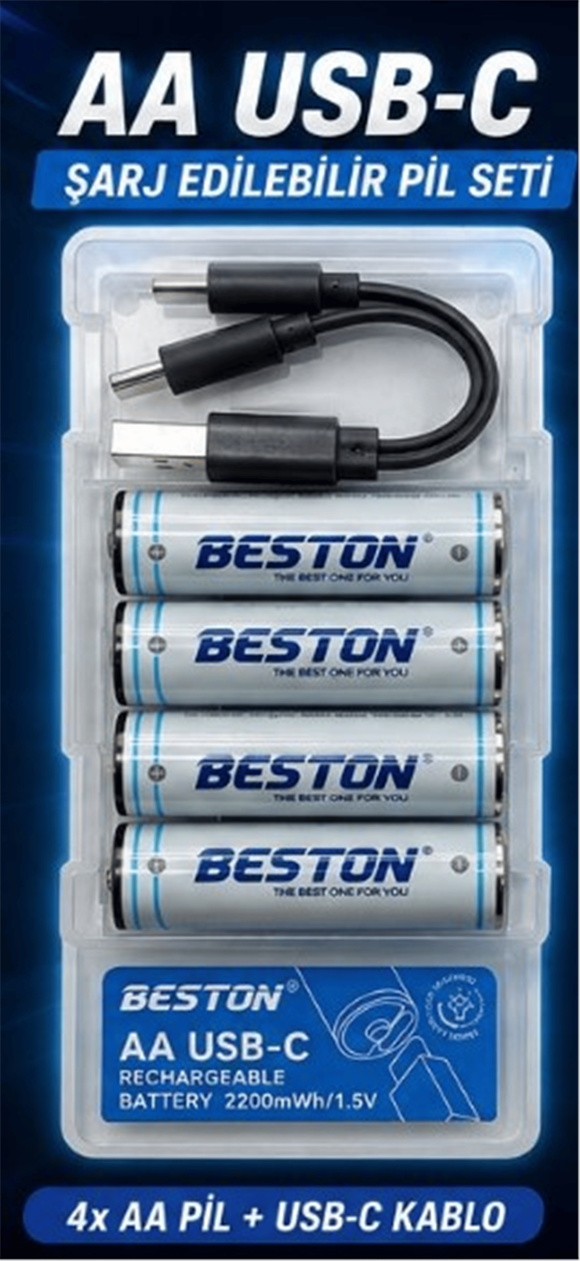 Reyonex BESTON 1.5 VOLT 2200 MAH 4'LÜ AA PİL + USB-C ŞARJ EDİLEBİLİR PİL SETİ - Şarjlı Piller