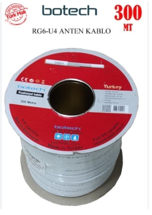 BOTECH RG6/U4 0.90 MM 64*0.12 TEL CCS MAKARALI YERLİ ÜRETİM ANTEN KABLOSU (300 METRE)