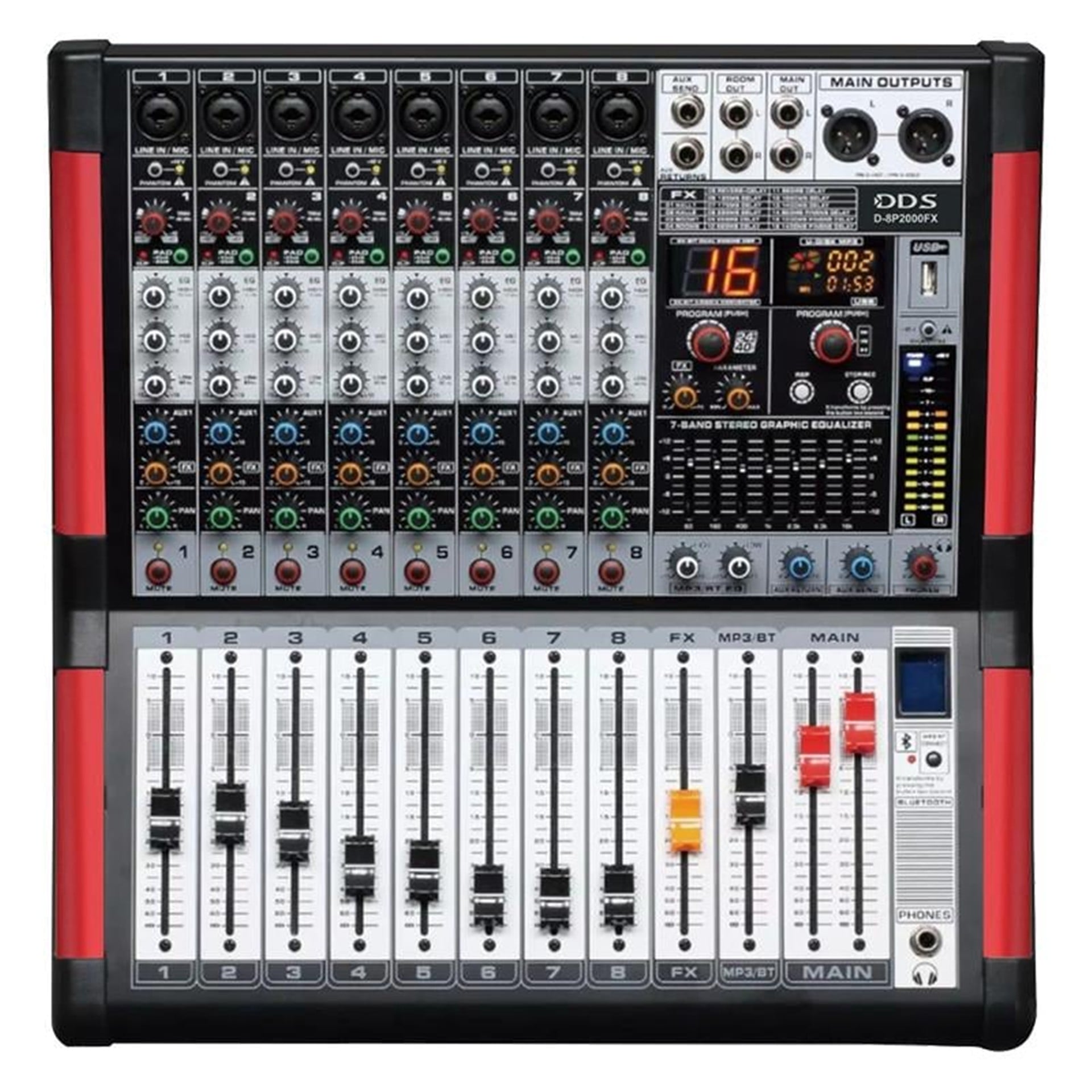 DDS DDS D-8P2000 FX USB-SD-Bluetooth Destekli 2X1000 Watt 8 Kanal Power Mixer - Seslendirme Mixerleri