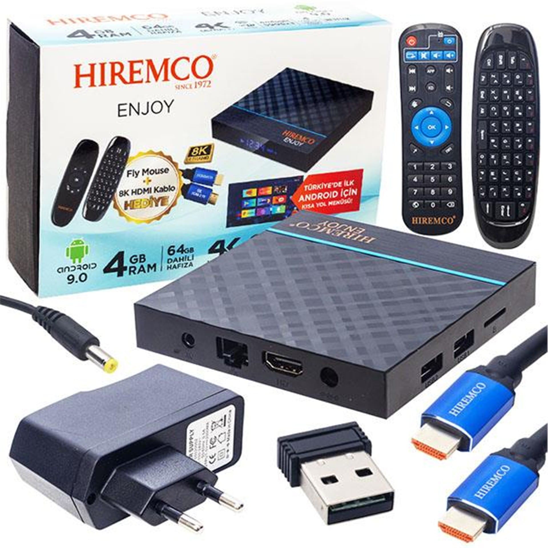 Hiremco Hiremco Enjoy 9.0 Android 4GB DDR3 Ram 64GB Hafıza-Wifi-Netflix Android Box (Fly Mouse+8K HDMI Kablo Hediye) - Hiremco Uydu Alıcısı
