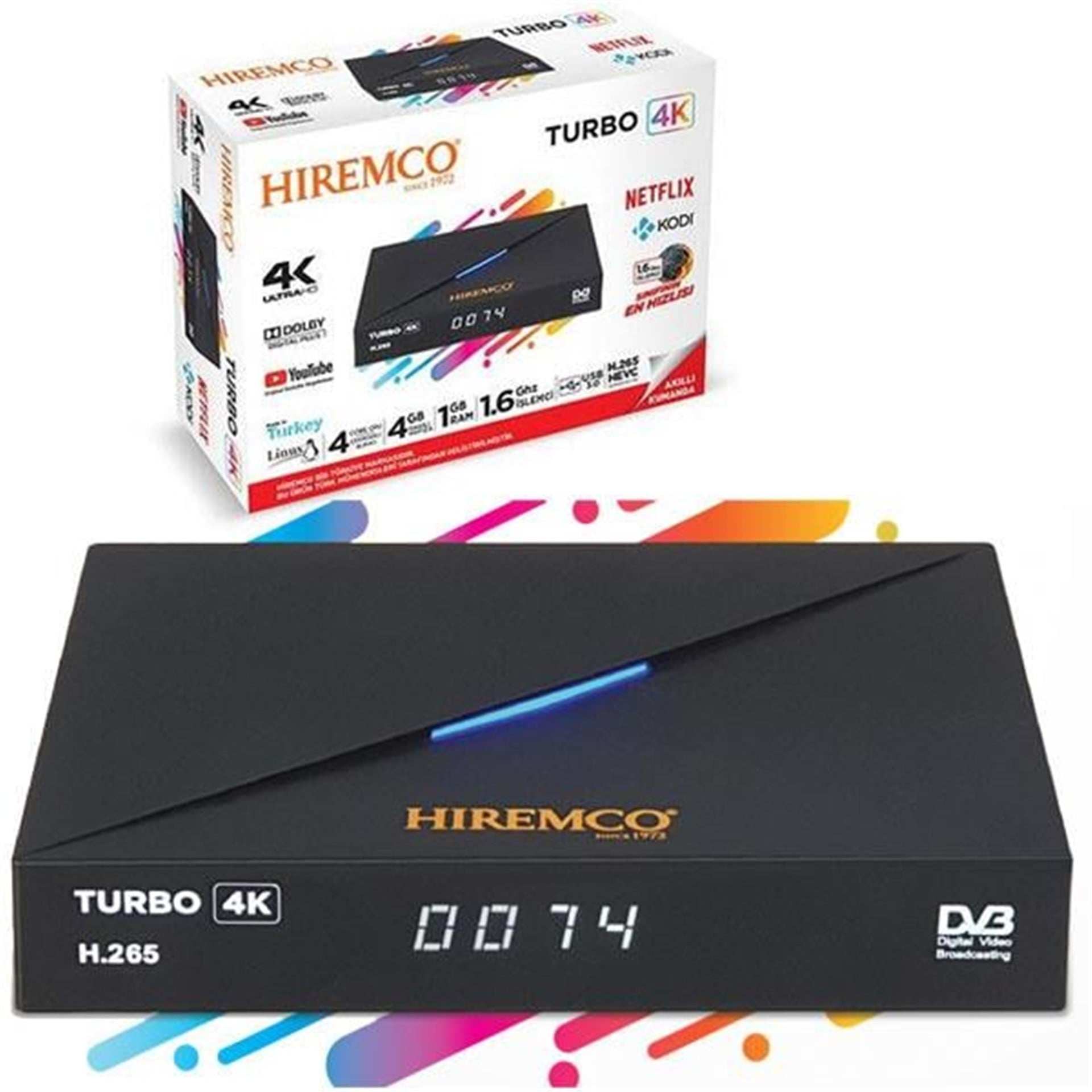Hiremco Hiremco Turbo 4K Linux 4 Çekirdek 1.6 Ghz 4GB Hafıza 1 Gb Ram Usb 3.0 H.265 IP TV Box - Hiremco Uydu Alıcısı
