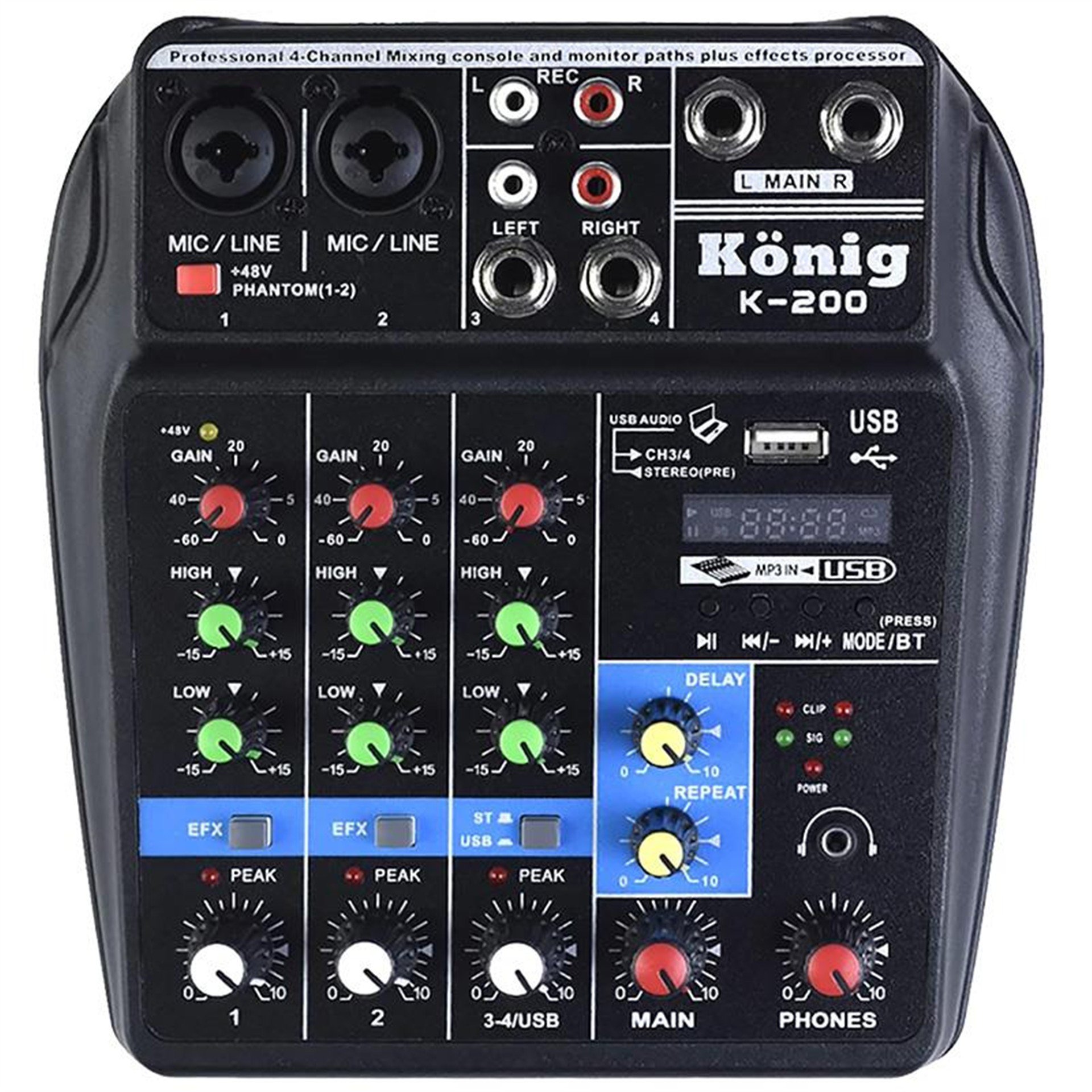 König König K-200 USB Bluetooth Delay Repeat 4 Kanal 48V Phantom Mixer-Konsol - Seslendirme Amfileri