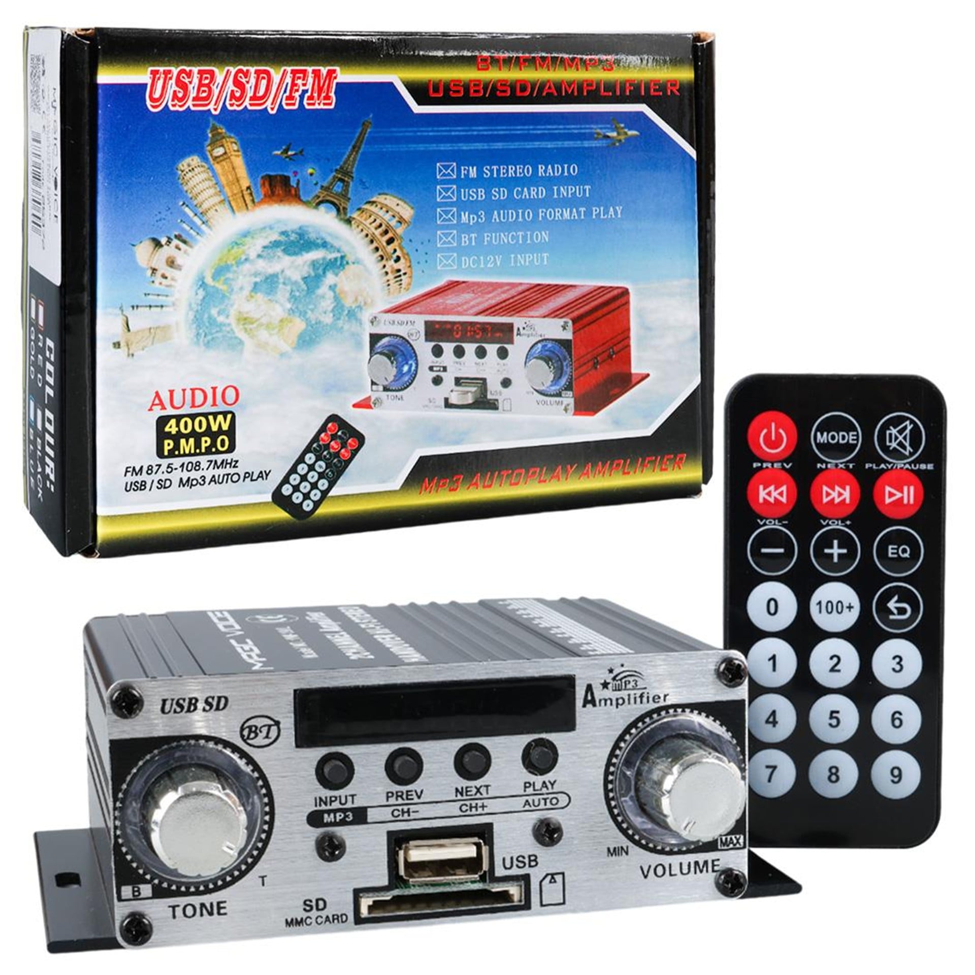 MagicVoice Magicvoice YW-191L 12 Volt 100 Watt Motosiklet Bluetooth Amfi USB/SD 2 Kanal Pazarcı - Anfi (125X95x40mm) - Pazarcı Anfisi