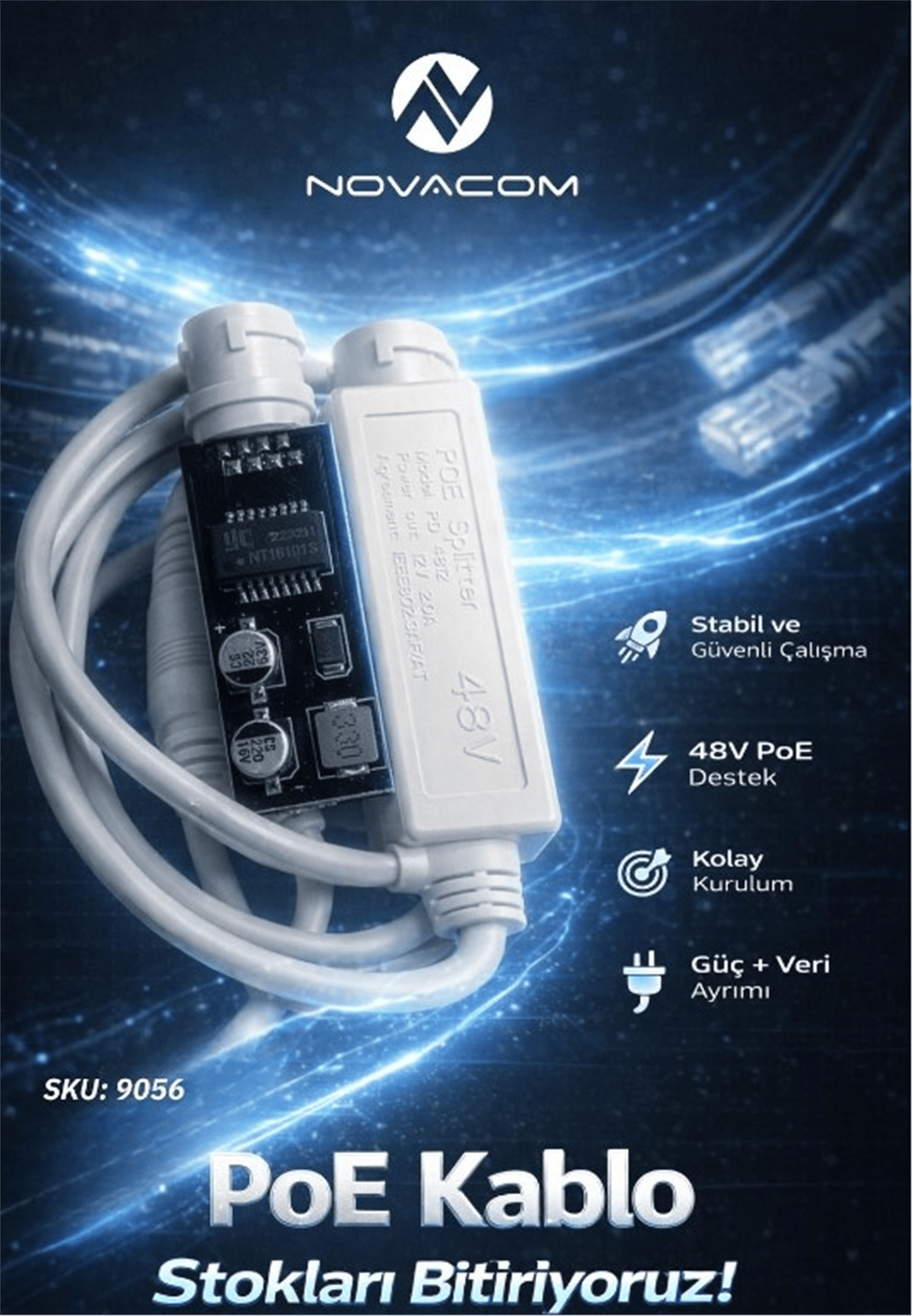 Mert-er Elektronik NOVACOM 9056 48V - 12V 2 AMPER PD4812 IP PoE KARTLI SPLITTER KAMERA KABLOSU (1,25-8Y/PH-2Y) - Kategorisiz