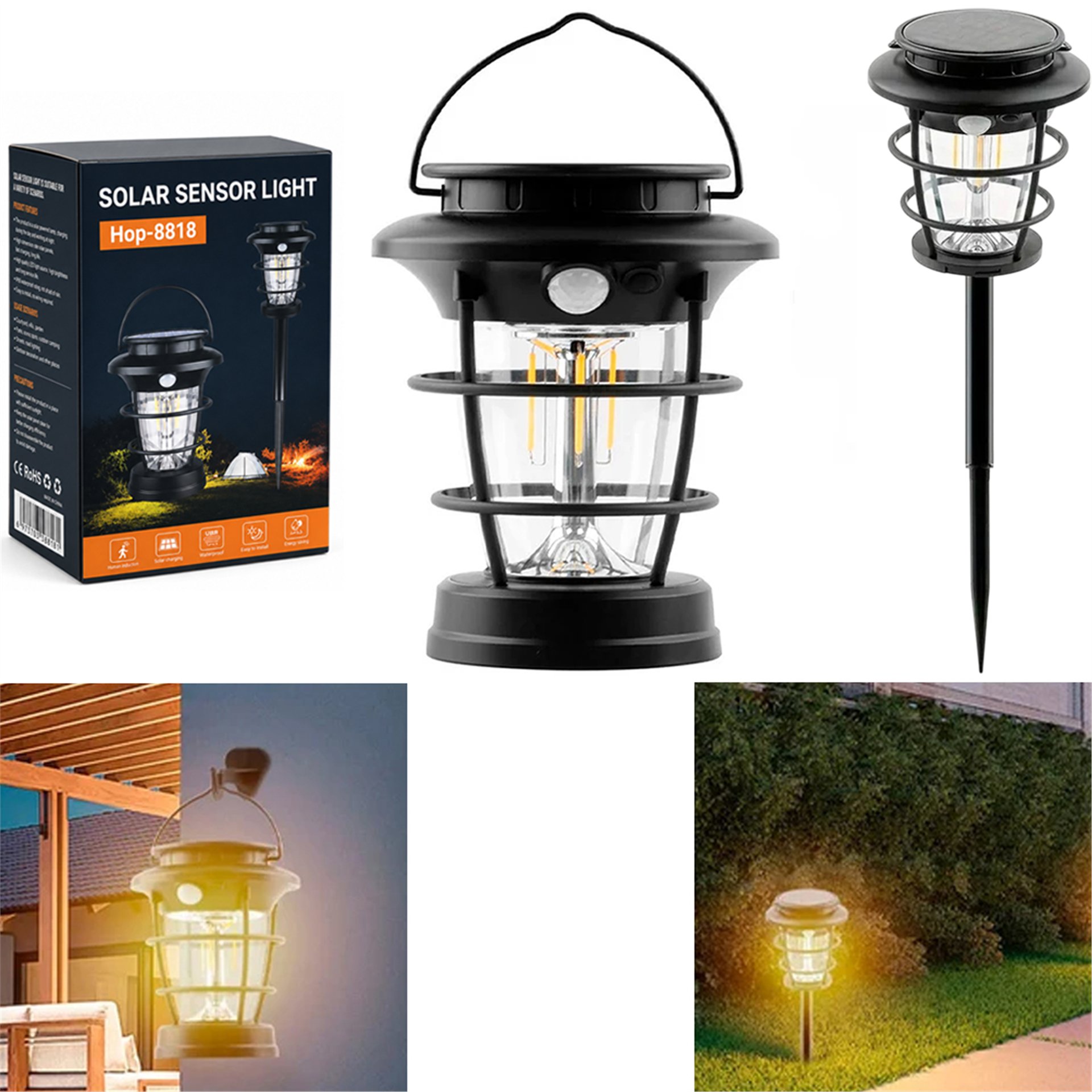 Powermaster Powermaster HOP-8818 Sensörlü Taşınabilir Şarjlı + Solar Panelli 4 Çalışma Modlu Beyaz-Günışığı Işık Bahçe-Kamp Lambası - Solar Aydınlatma Setleri