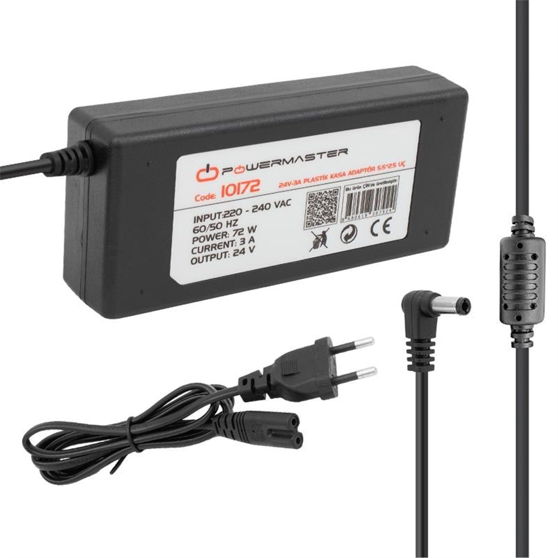 Powermaster Powermaster PM-10172 24 Volt - 3 Amper - 72 Watt 5.5*2.5 Mm L Uçlu Plastik Kasa Masaüstü Adaptör - Adaptörler