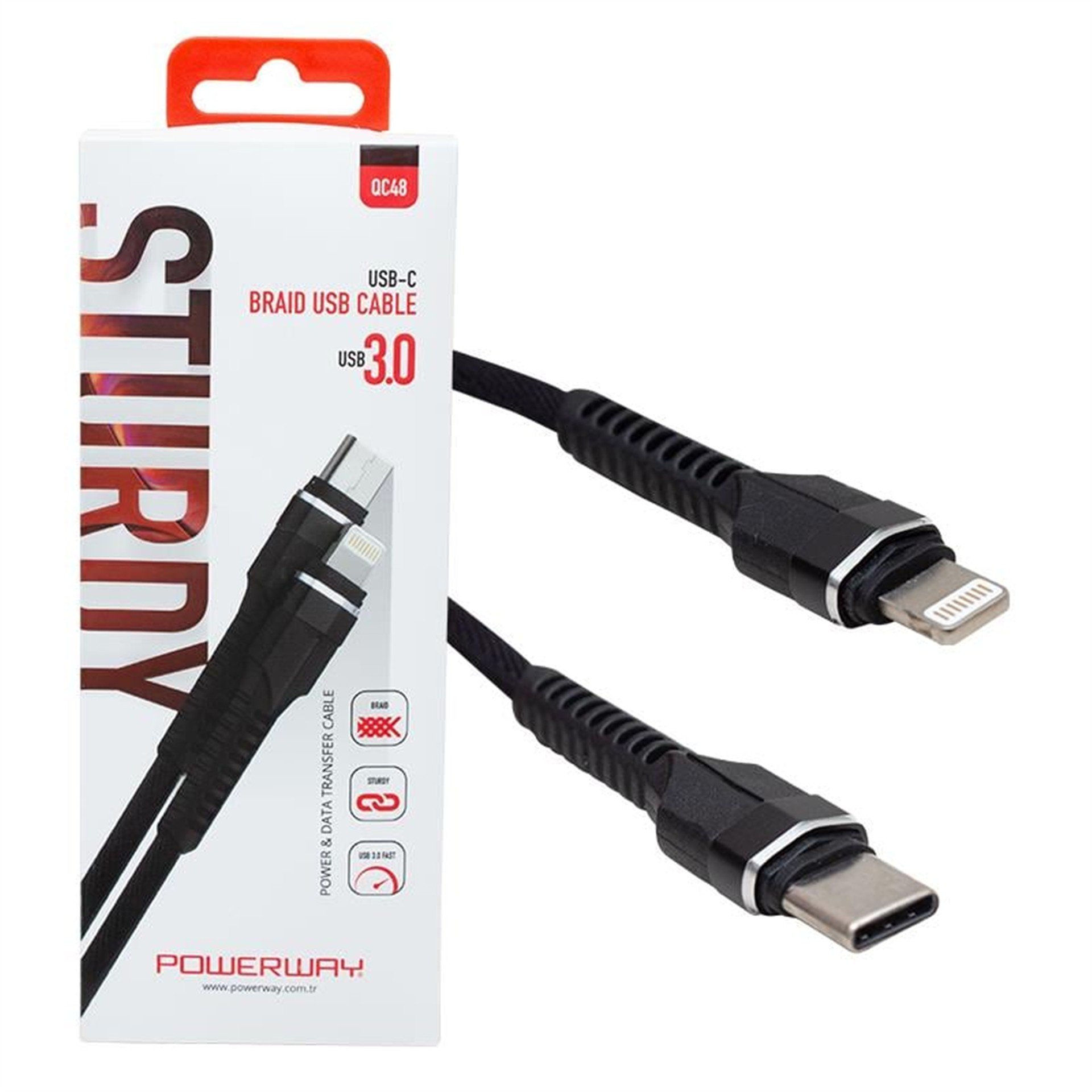 Powerway Powerway QC-48 USB 3.0 Type C Örgülü Data Ve Şarj Kablosu - Data-Şarj Kabloları