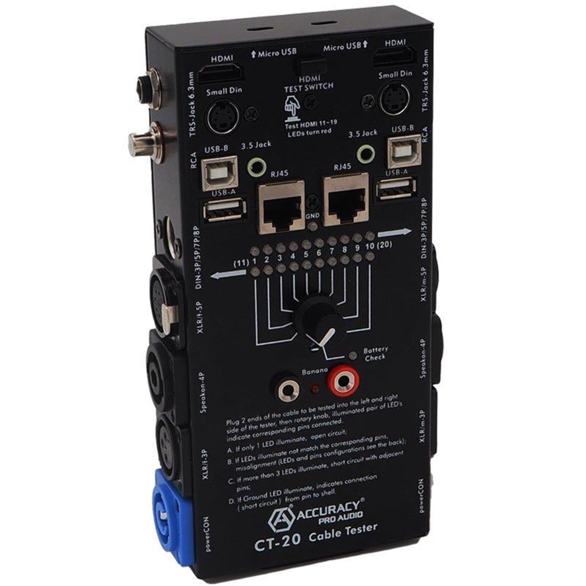 Powermaster Weko Ct-20 Professıonal Kablo Test Cihazı (USB-HDMI-Rj45-Rca-Xlr-Spekon) - Kablo Test Cihazı